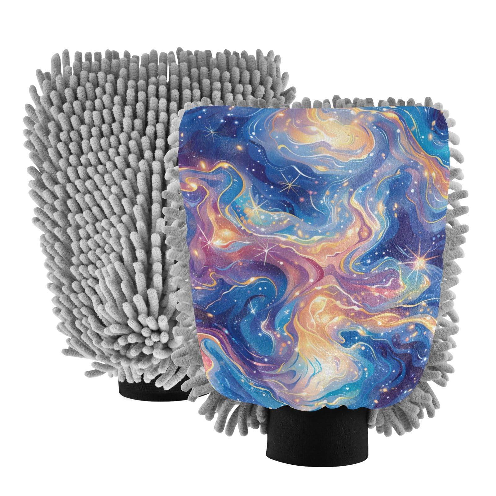 IOACIY Absorbent Microfiber Car Wash Drying Mitts, 2 Pack, Scratch-Free & Lint-Free, Rich Foam, Highly Absorbent, Double Sided, Wash Mitt Perfect for Car Washing, M, Starry Sky Universe (11)