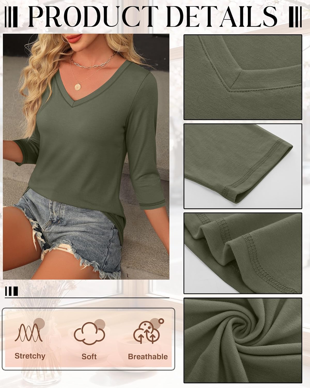 Ficerd 3 Pack Women's 3/4 Length Sleeve T Shirts, V Neck Tops Loose Fit Blouses Casual Tees 2026 Fashion Clothes - Image 4