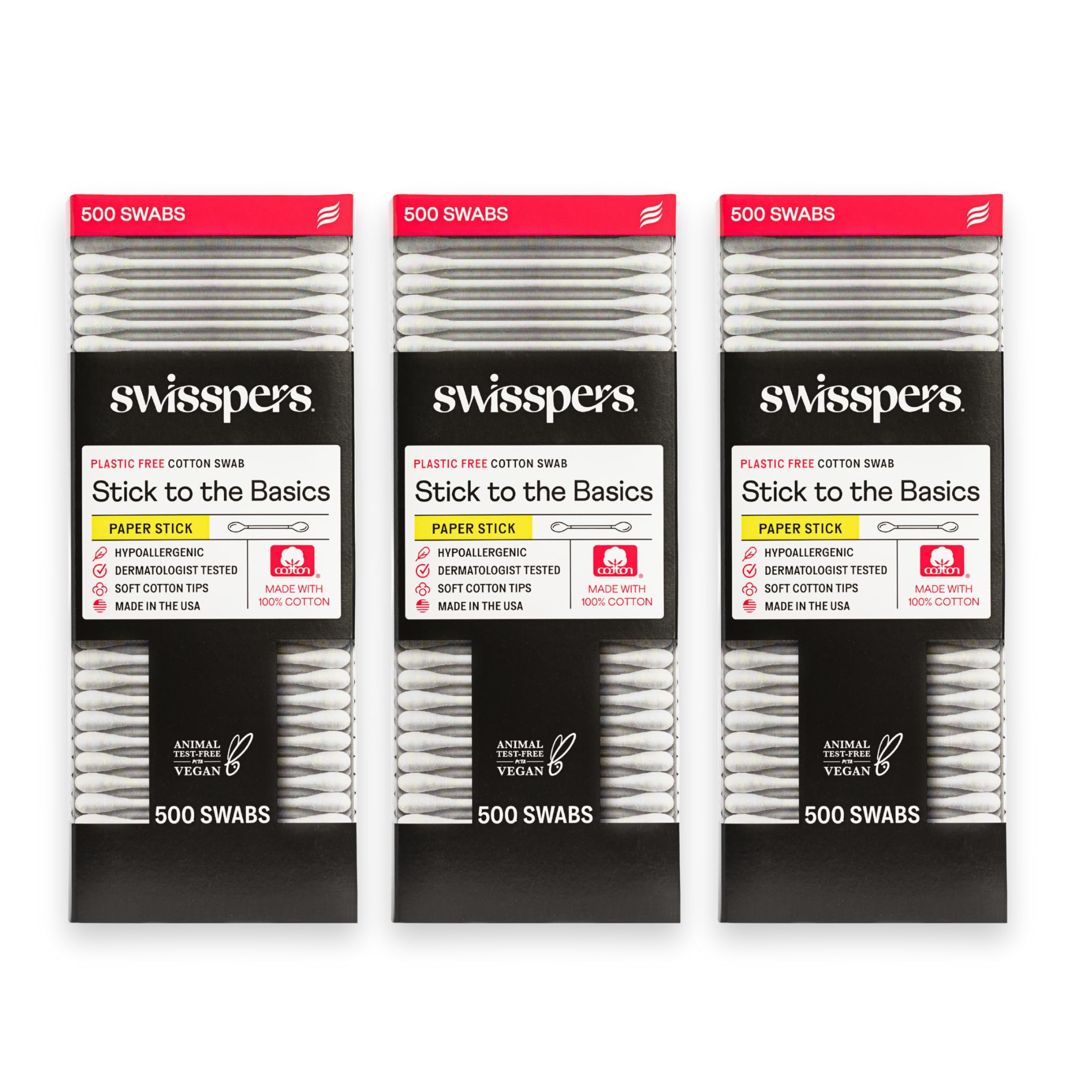 Swisspers Stick to The Basics Biodegradable Cotton Swabs - 100 Natural Plastic-Free Q-tip Alternative - Premium USA-Made Beauty