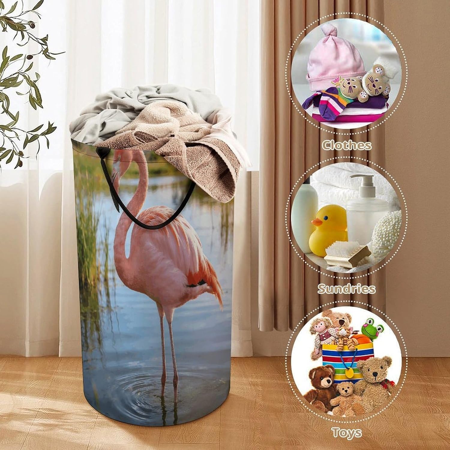 Elegant Flamingo With National Flag Laundry Hamper 86L Waterproof Collapsible Clothes Basket with Double Handles Freestanding Foldable Laundry Basket Large Clothes Hamper for Bathroom