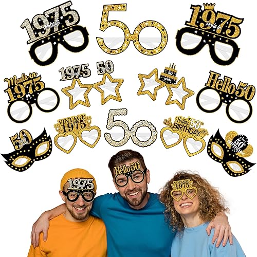Turypaty 24 gafas de papel para decoración de cumpleaños número 50 de 1974 para hombres y mujeres, lentes de papel de feliz cumpleaños de 50 años,
