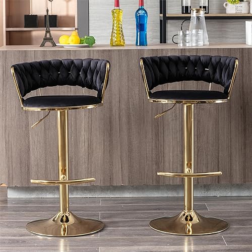 Miniatura 59 de Juego de 2 taburetes de bar de terciopelo giratorios con base de metal dorado, taburetes de bar modernos de altura de mostrador para cocina, pub,