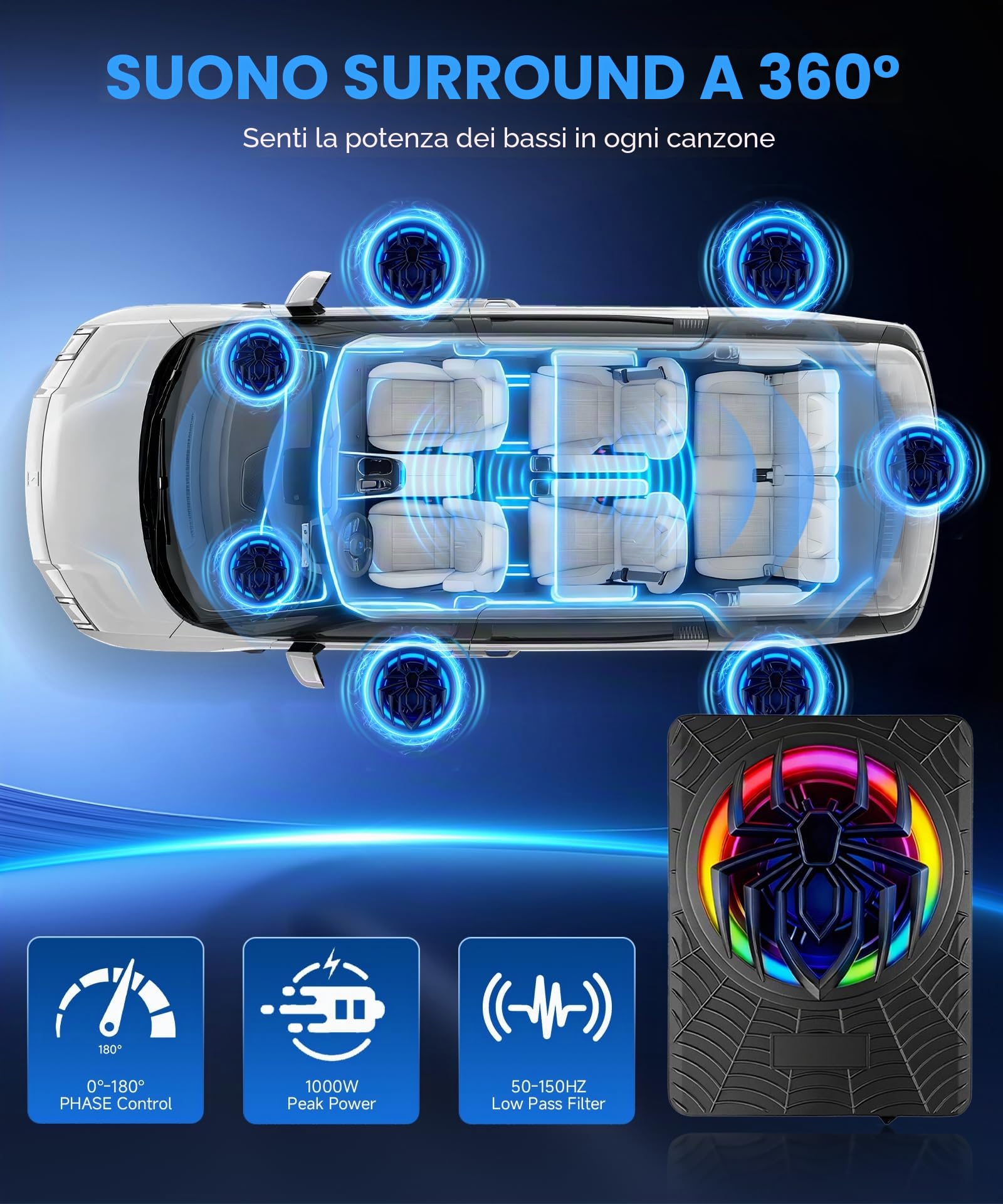 Hodozzy Subwoofer Attivo per Auto da 1200W 10 Pollici, Set Subwoofer e Amplificatore Ultrapiatto ad Alta Potenza da Posizionare Sotto il Sedile con Luce RGB Sincronizzata al Ritmo, Motivo a Ragno