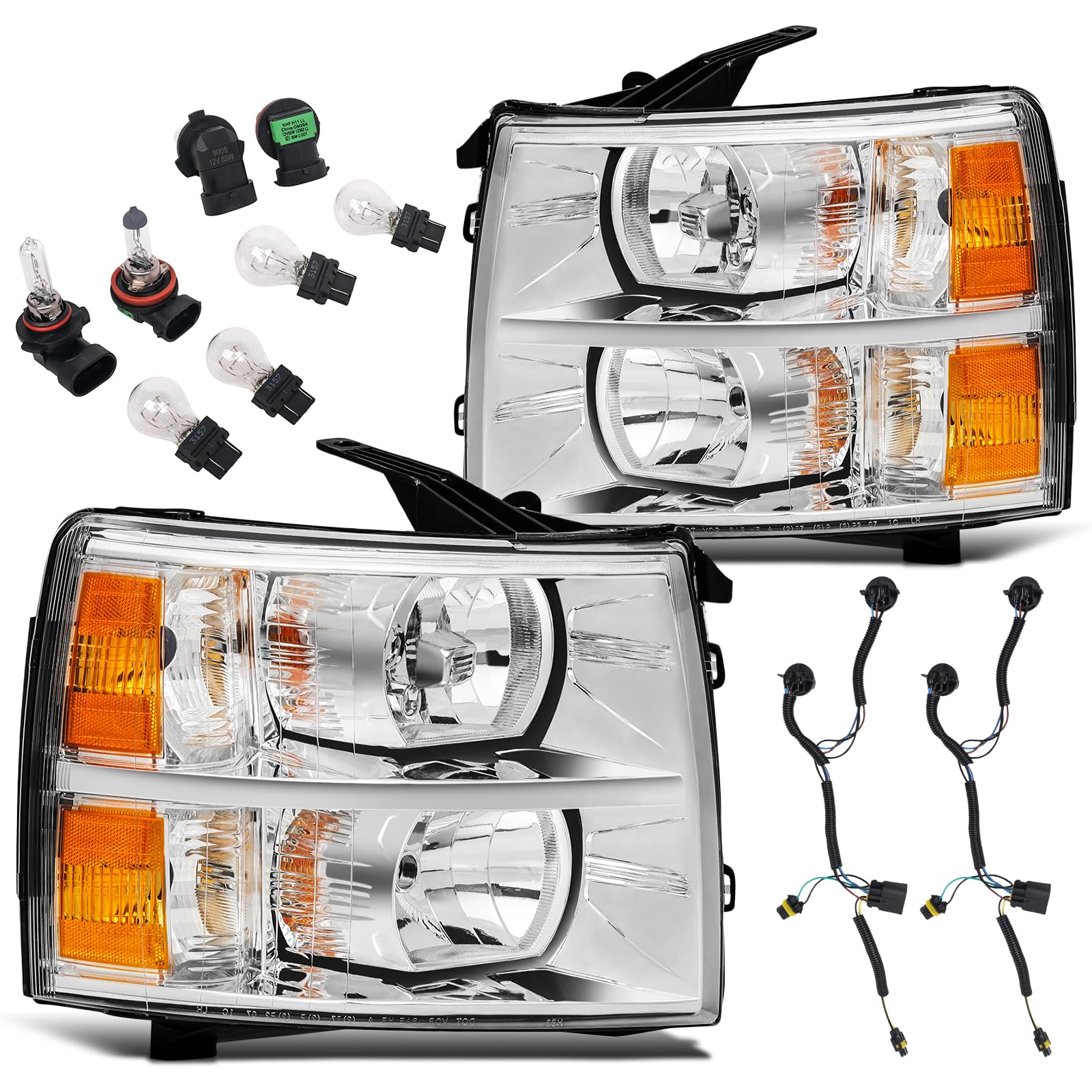 Aresparts Headlights Assembly DOT Approved Compatible with 2007-2013 Silverado 1500/2007-2014 Silverado 2500 3500 & HD Models (Left+Right) Chrome Housing Amber Reflector + W/Bulbs ? Wiring Harness