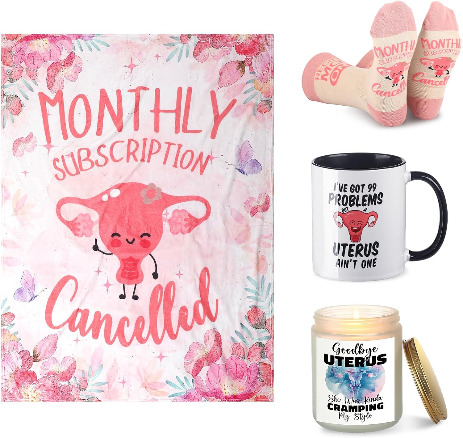 Breling 4 Pcs Funny Hysterectomy Recovery Gift Set for Women Funny Ceramic Mug Flannel Throw Blanket Crew Socks Candle Post Uterus Surgery Care Package Gift Basket