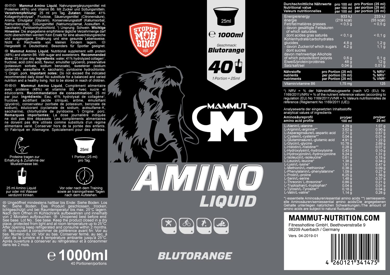 Mammut Masseaufbau Set - 4500 g Weight Gainer (Vanille) - 1000 ml Amino Liquid (Blutorange) - 300 g Creatin Monohydrat - Protein Shaker