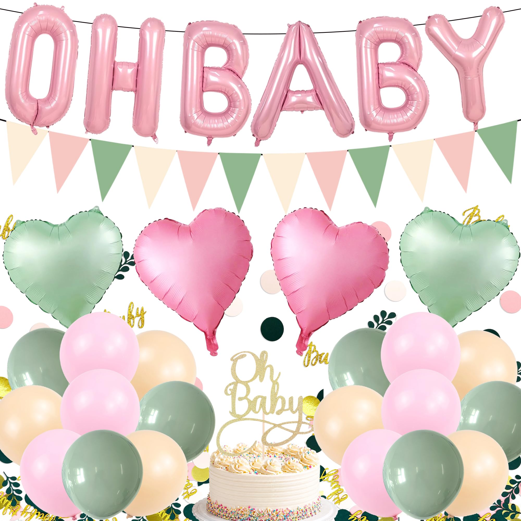 Baby Shower Decorations Balloon Set - 26 Pcs Pink Green Oh Baby Decoration
