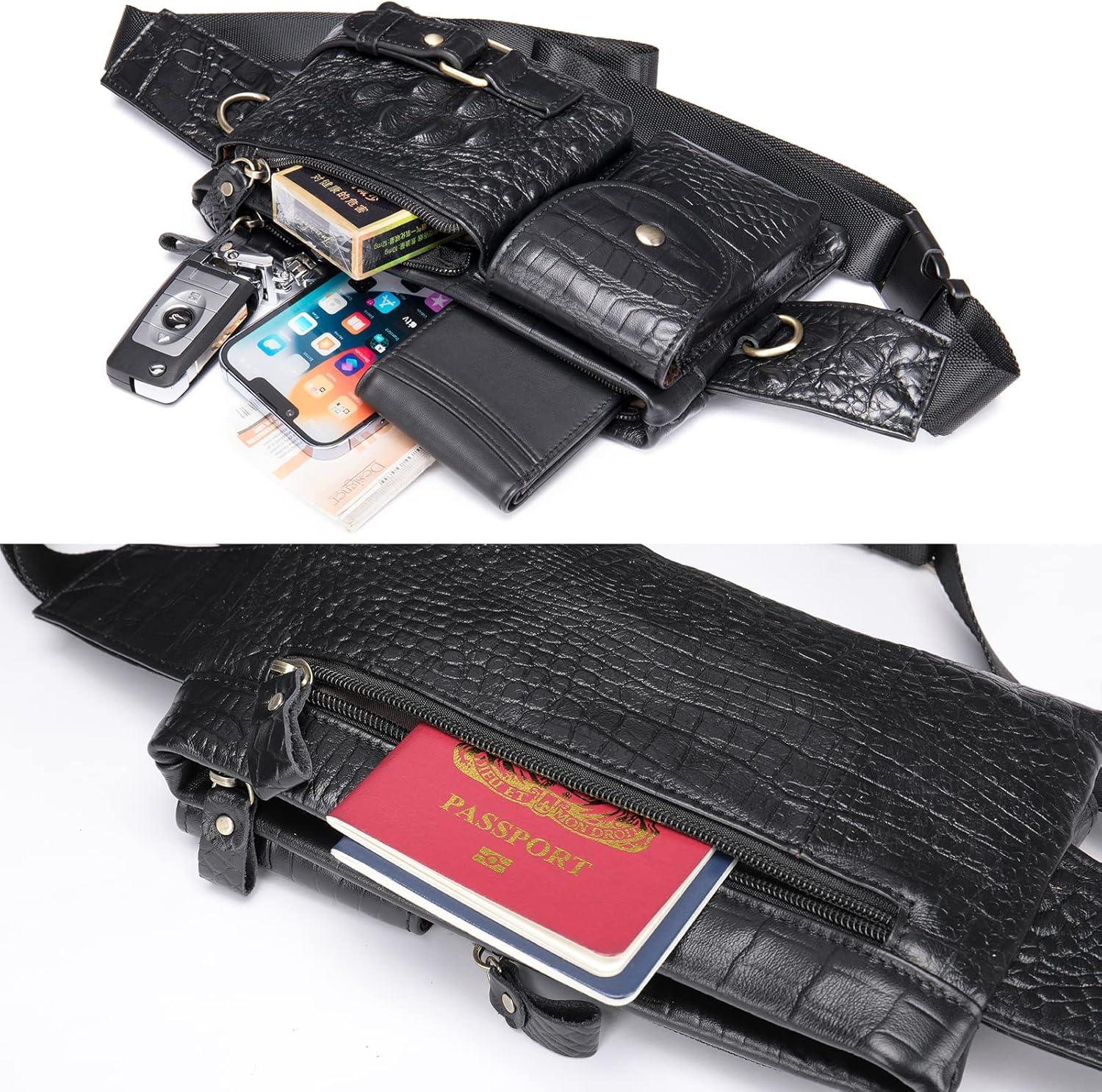 Mens Fanny Pack, Rugged Genuine Leather Waist Bags for Men Bumbag Waist Pack for Hands-free Crocodile Black - Image 3
