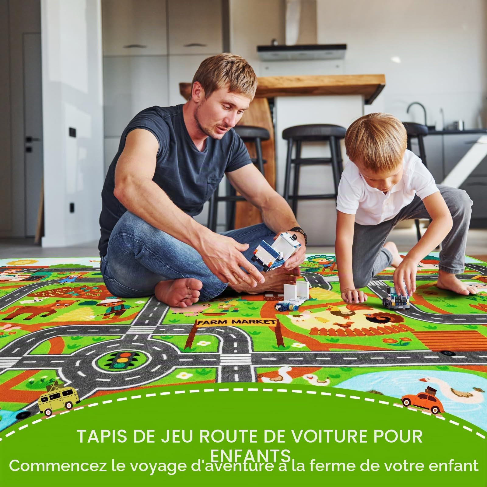Tapis de jeu pour enfants pour voitures jouets, 150 x 100 cm, marché à la ferme, circulation routière, pour salle de jeux, voiture, carte de village, tapis de jeu antidérapant et lavable, pour