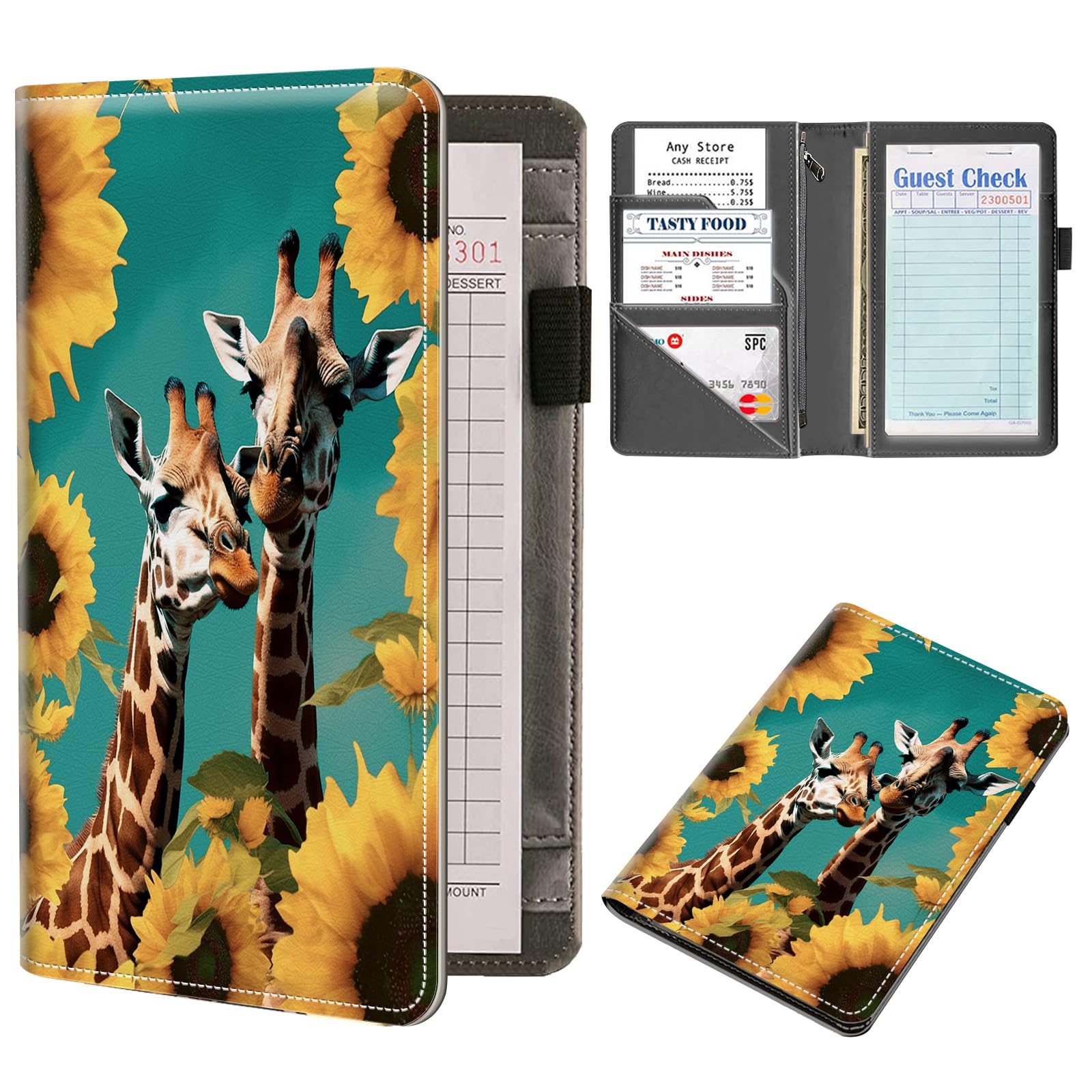 Server Book Organizer, Sunflower Giraffe Server Books for Waitress, PU Leather Waiter Book Organizer with Zipper Pocket Guest Checks Books Holder for