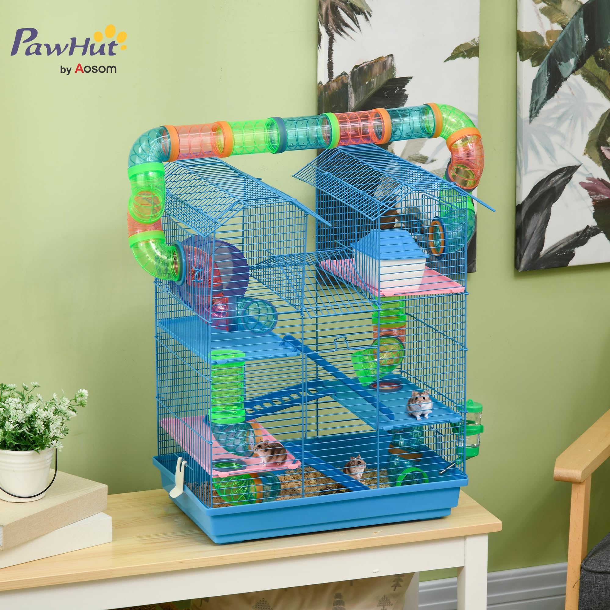 PawHut Gabbia per Criceti e Roditori a 5 Piani, Gabbietta per Criceti con Tubi Colorati, Ruota, Casetta e Accessori Inclusi, 47x30x59 cm, Blu