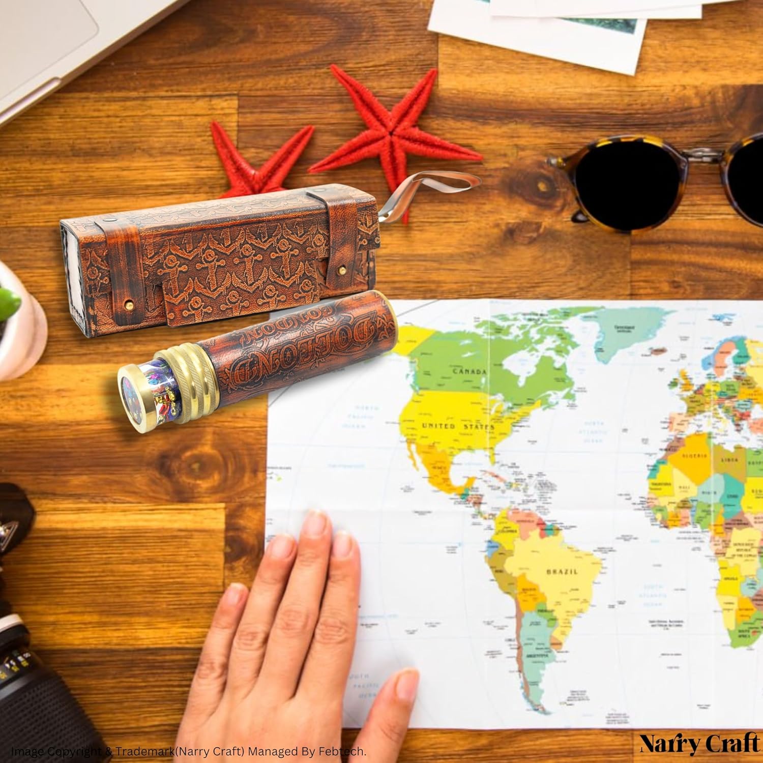 Vintage Nautical Kaleidoscope – Handcrafted Antique Brass Telescope Kaleidoscope (Brown, with Leather Case)