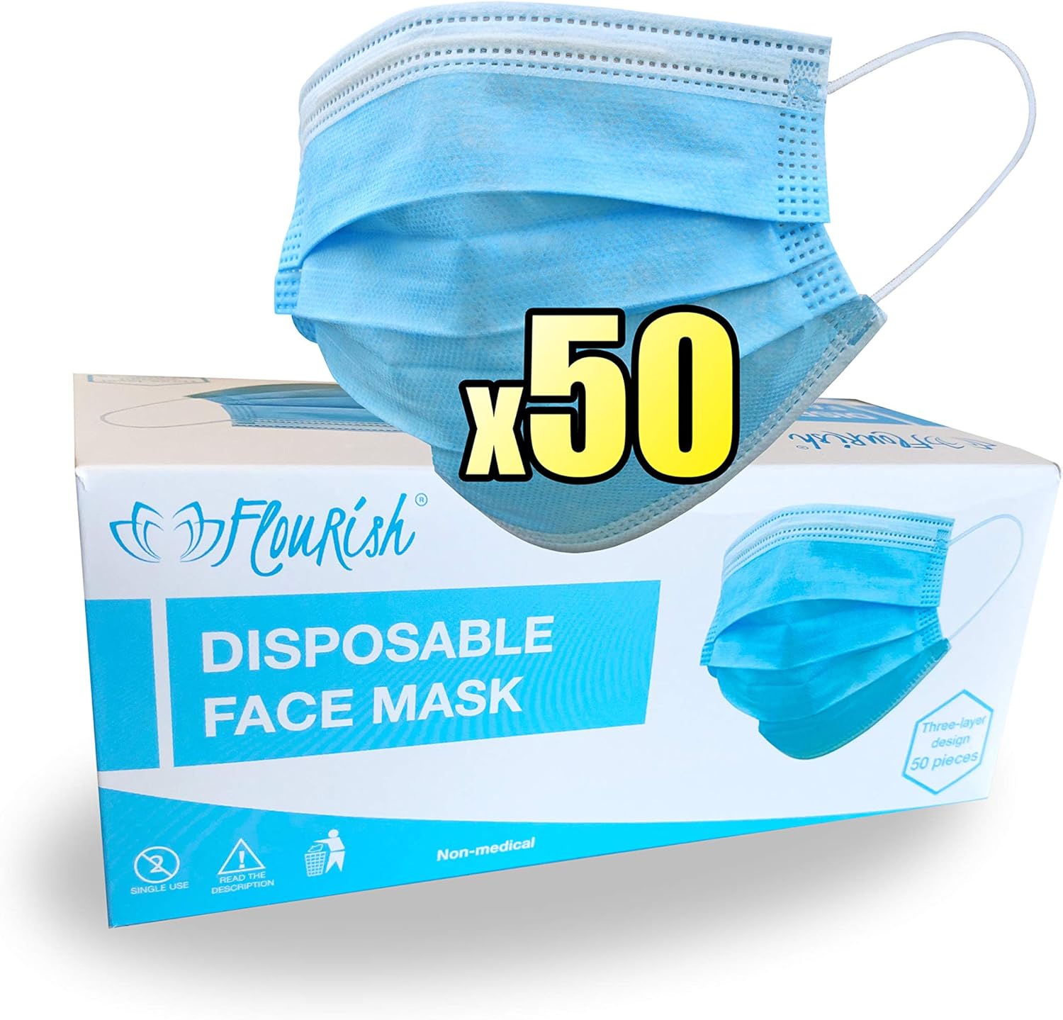 50 Stück Litepak Einweg-Gesichtsmasken 3-lagig – Weich, Mit Ohrschlaufen, Blau, Premium