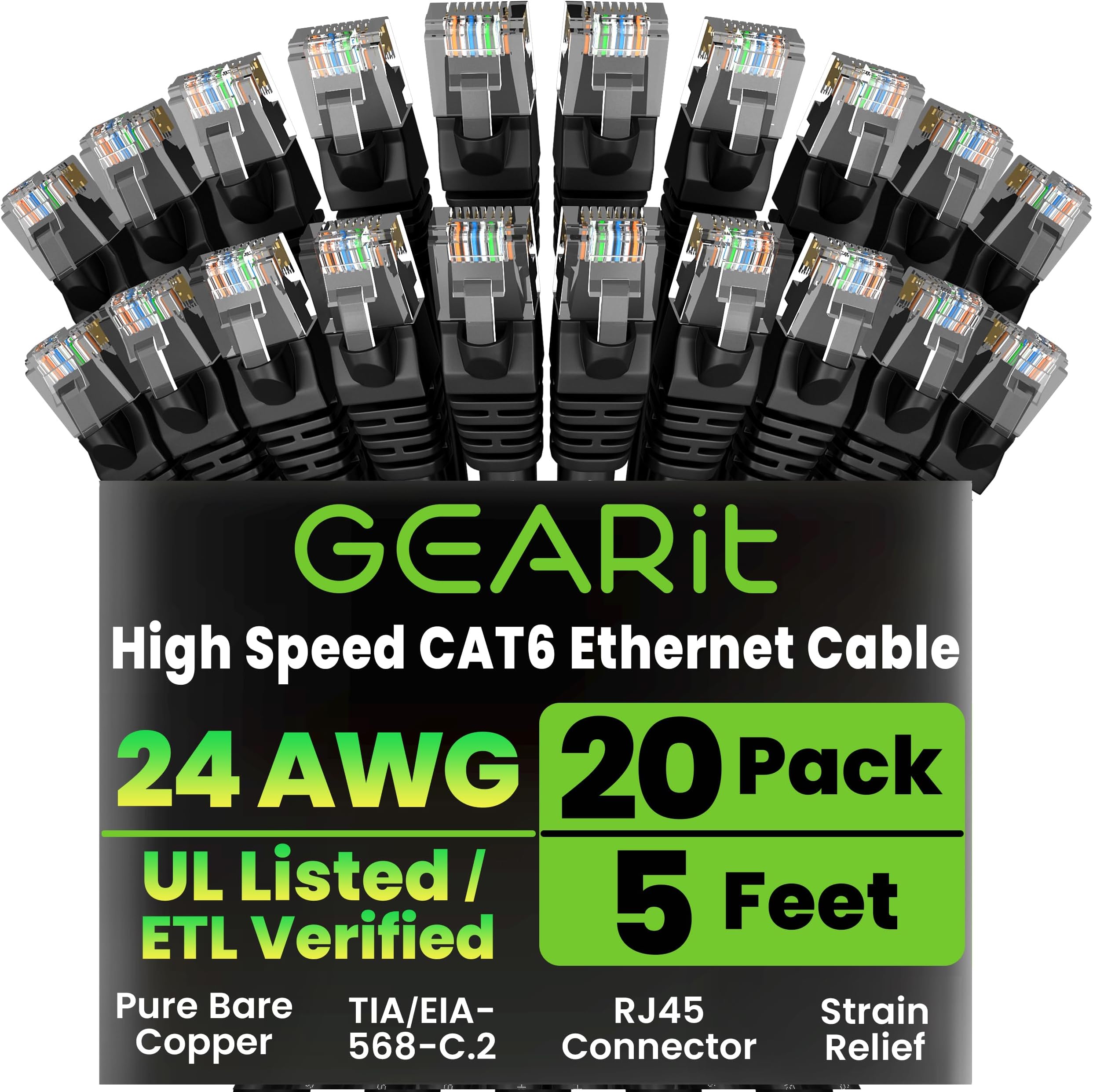 GEARit Cat 6 Ethernet Cable Pack - 20-Pack 5 ft Cat6 Ethernet Patch Cables | RJ45 Network Patch Cable, 10 Gbps Snagless Gold-Plated Connectors - Ethernet Cable Cat 6 for PC, TV, Router - Black