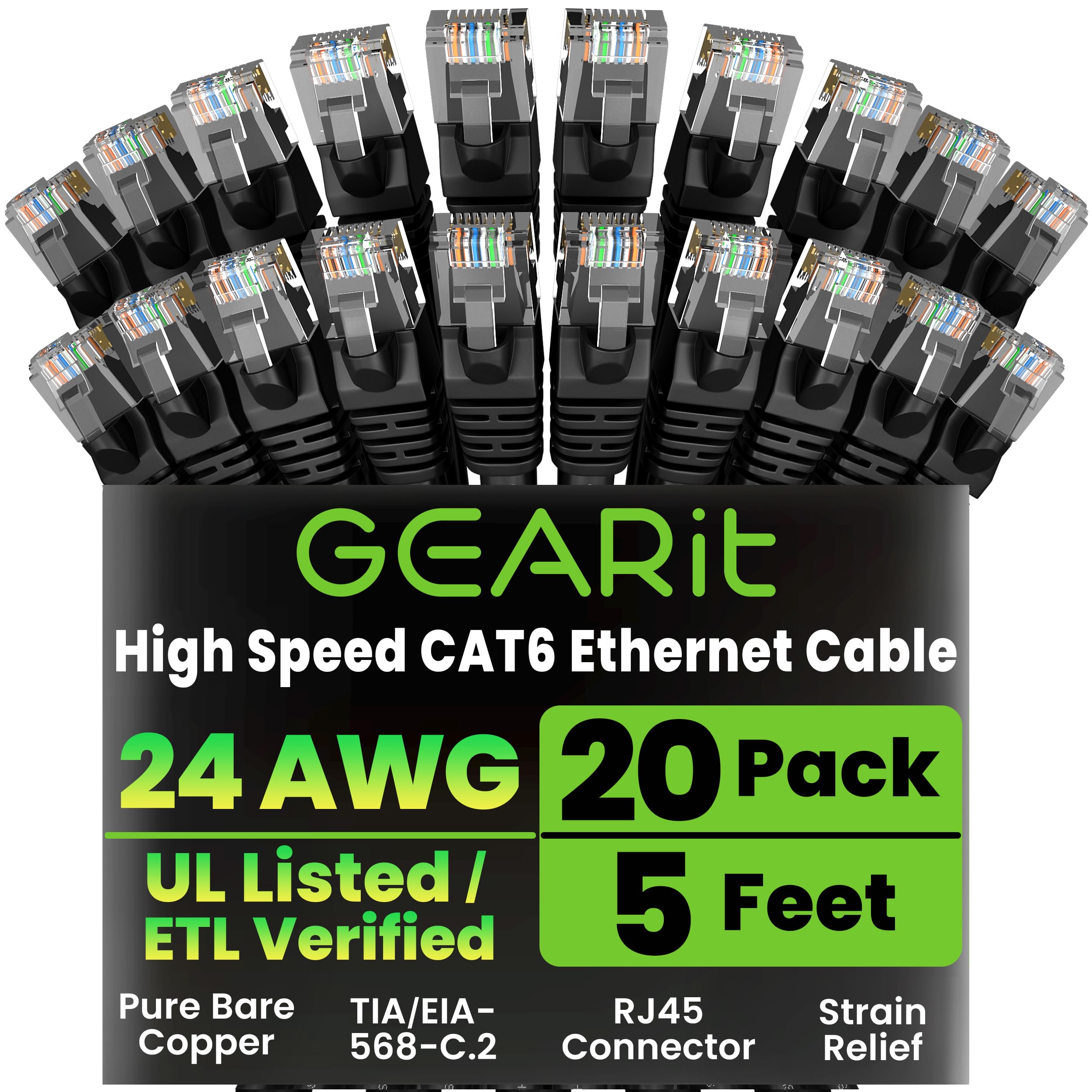 GEARit Cat 6 Ethernet Cable Pack - 20-Pack 5 ft Cat6 Ethernet Patch Cables | RJ45 Network Patch Cable, 10 Gbps Snagless Gold-Plated Connectors -