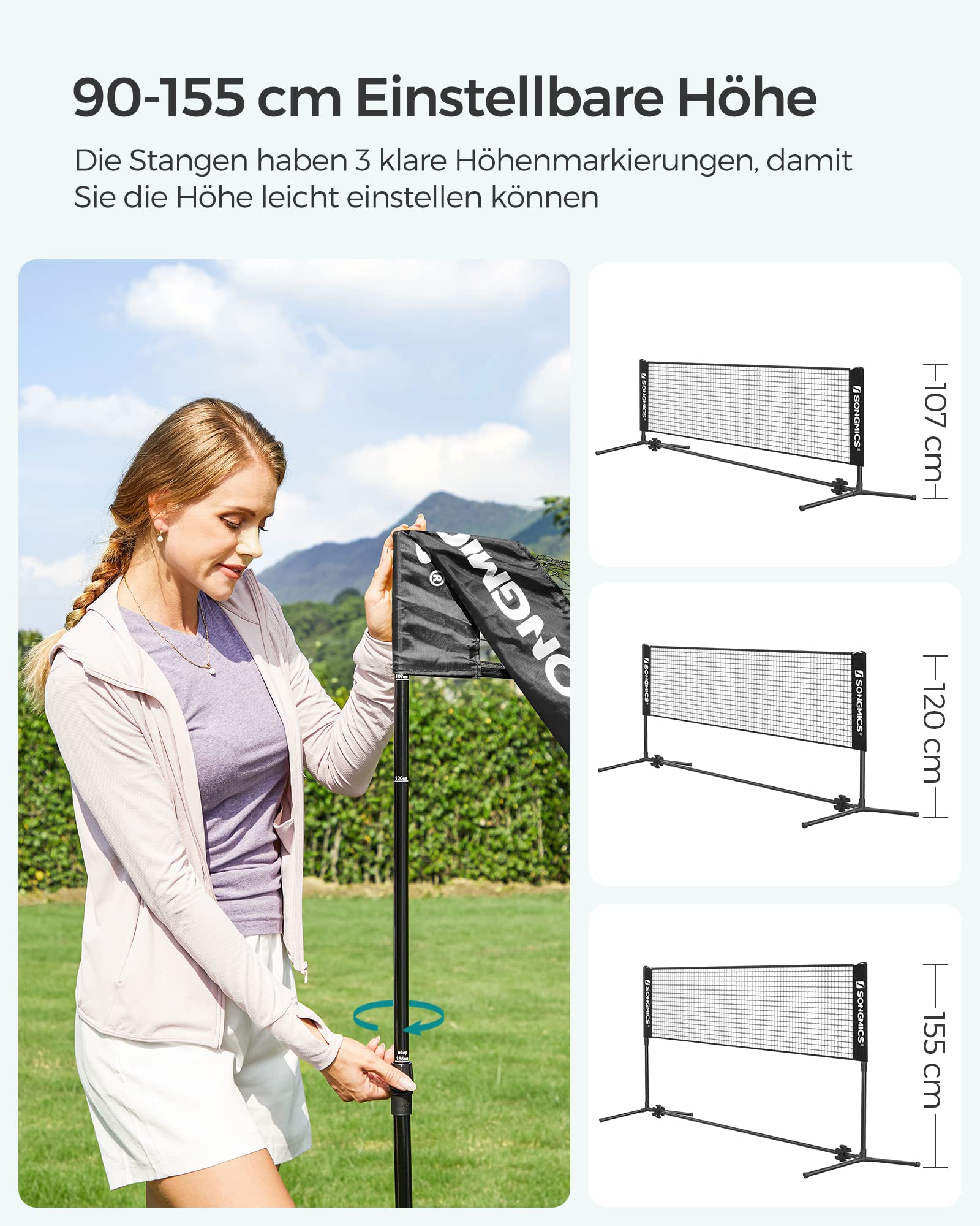 SONGMICS 300 cm/400 cm/500 cm Badmintonnetz, Volleyballnetz, höhenverstellbare Stangen, tragbares Set für Tennis, Beach-Volleyball, für Garten, Park, Outdoor