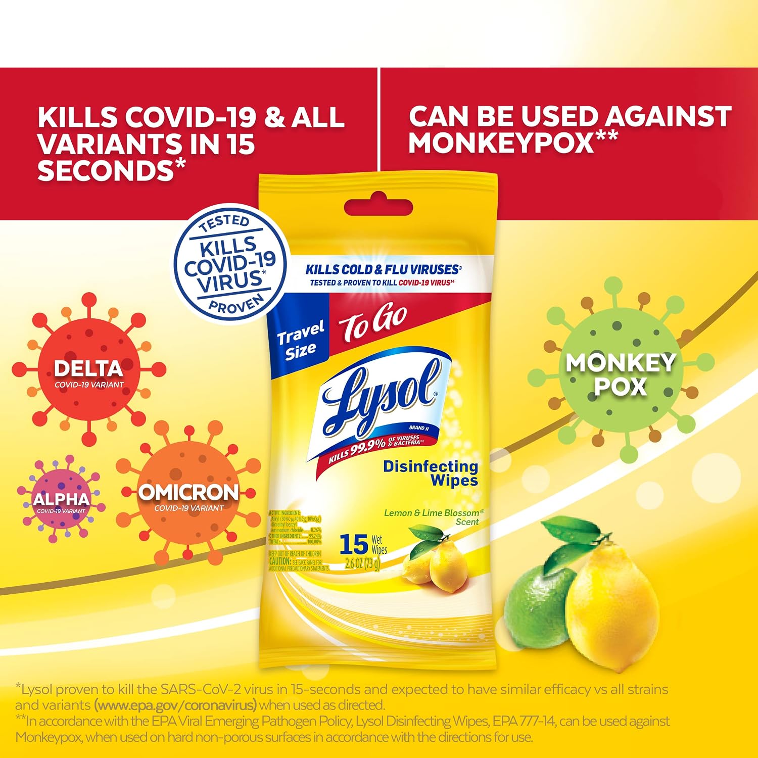 Lysol Disinfectant Handi-Pack Wipes, Multi-Surface Antibacterial Cleaning Wipes, For Disinfecting and Cleaning, Travel Size, Lemon and Lime Blossom, 15 Wipes