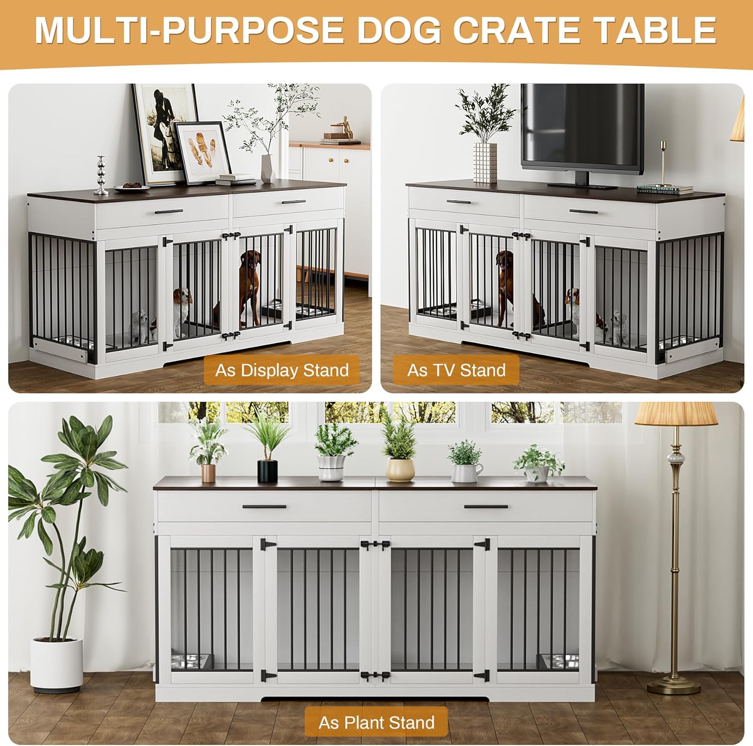 OUYESSIR Dog Crate Furniture, 72.05 Inch Large Dog Kennel with Dog Bowls & 2 Drawers, Wooden Double Dog House with Doors & Divider, Indoor Heavy Duty Dog Cage for Medium Large Dogs, White