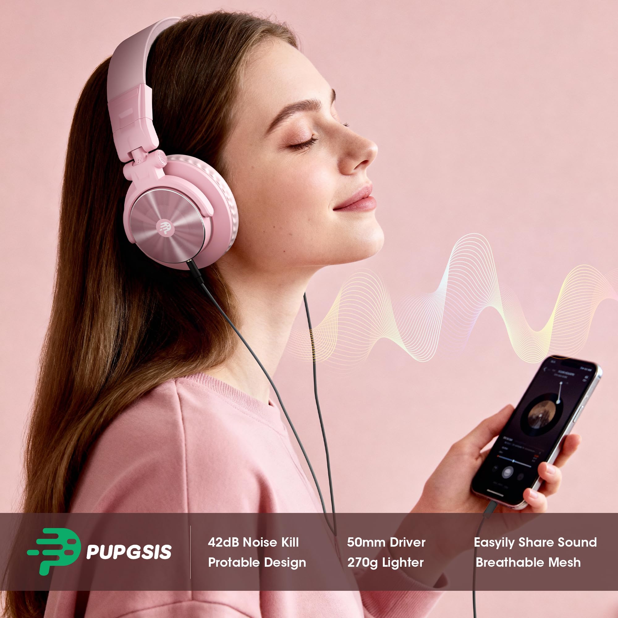 PUPGSIS - Cuffie over-ear cablate per monitor da studio, cuffie stereo professionali ad alta risoluzione da DJ a 40 kHz, jack audio da 1/4 a 3,5 mm per registrazione/mixaggio/podcast/chitarra