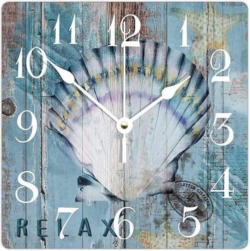 Reloj de pared vintage para decoración de playa, relojes de madera costera, reloj cuadrado con temática náutica, funciona con pilas, reloj de grano