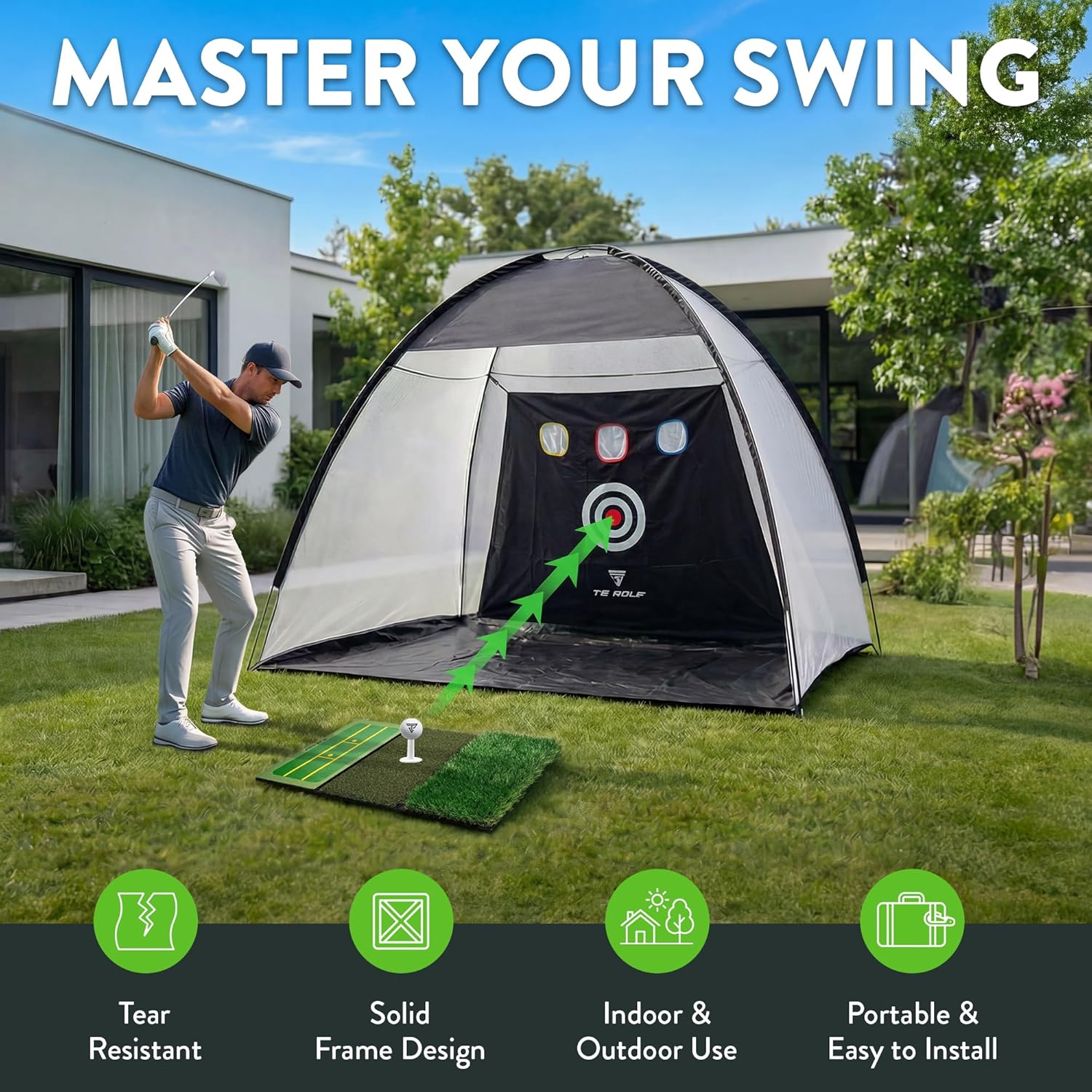 Golf Practice Net - Indoor & outdoor 10x7ft - XL Tri-Turf driving net and Mat, 5 Balls, 3 Rubber Tees, Carry Bag, Chipping net, golf nets for backyard driving