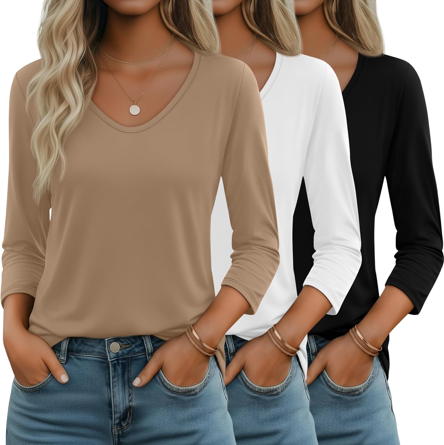 Huukeay 3 Pack Women’s 3/4 Sleeve T-Shirts, V Neck Casual Tops Loose Fit Tunic Basic Tees 3/4 Length Sleeve Soft Blouses