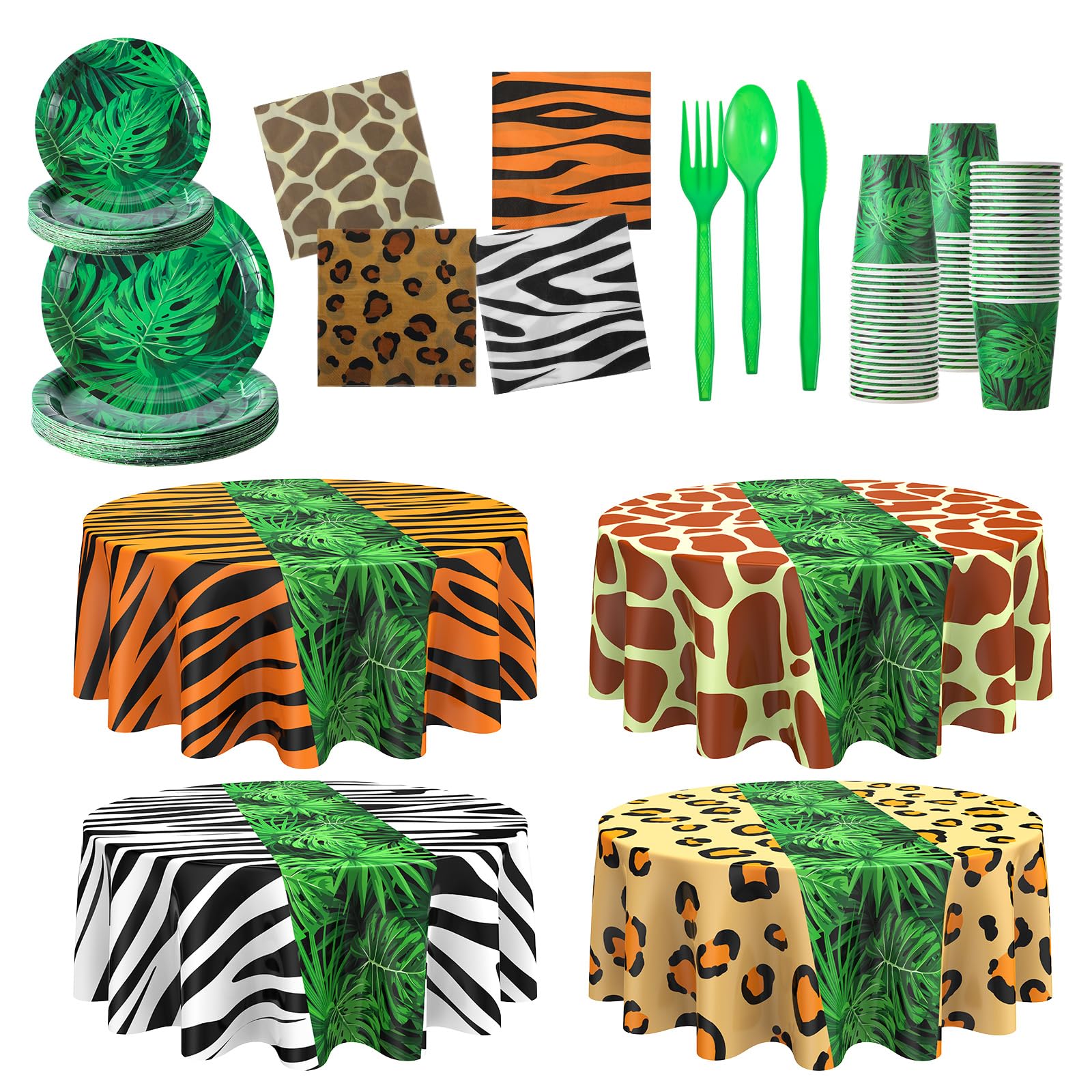 Oudain 324 Pcs Jungle Animals Party Supplies Safari Party Decorations Disposable Zoo Animal Print Tablecloth Plates Napkins Cups for Baby Shower Zoo Jungle Safari Theme Birthday Serve 40