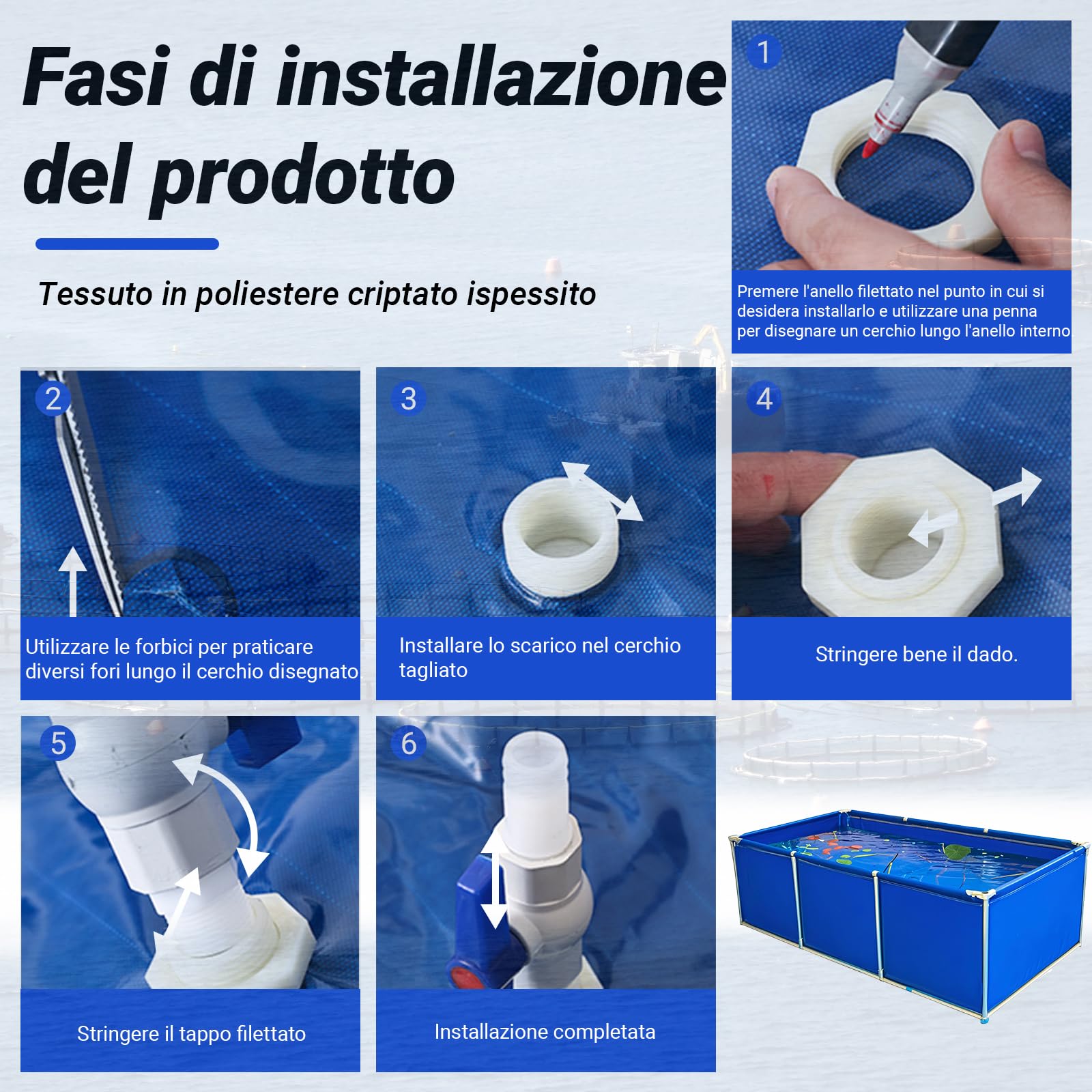 Laghetti da Giardino Fuori Terra Serbatoio Professionale per Acqua Salata con Sistema di Ricircolo - per Crostacei e Organismi Marini | 3x1x0.9m | Blu