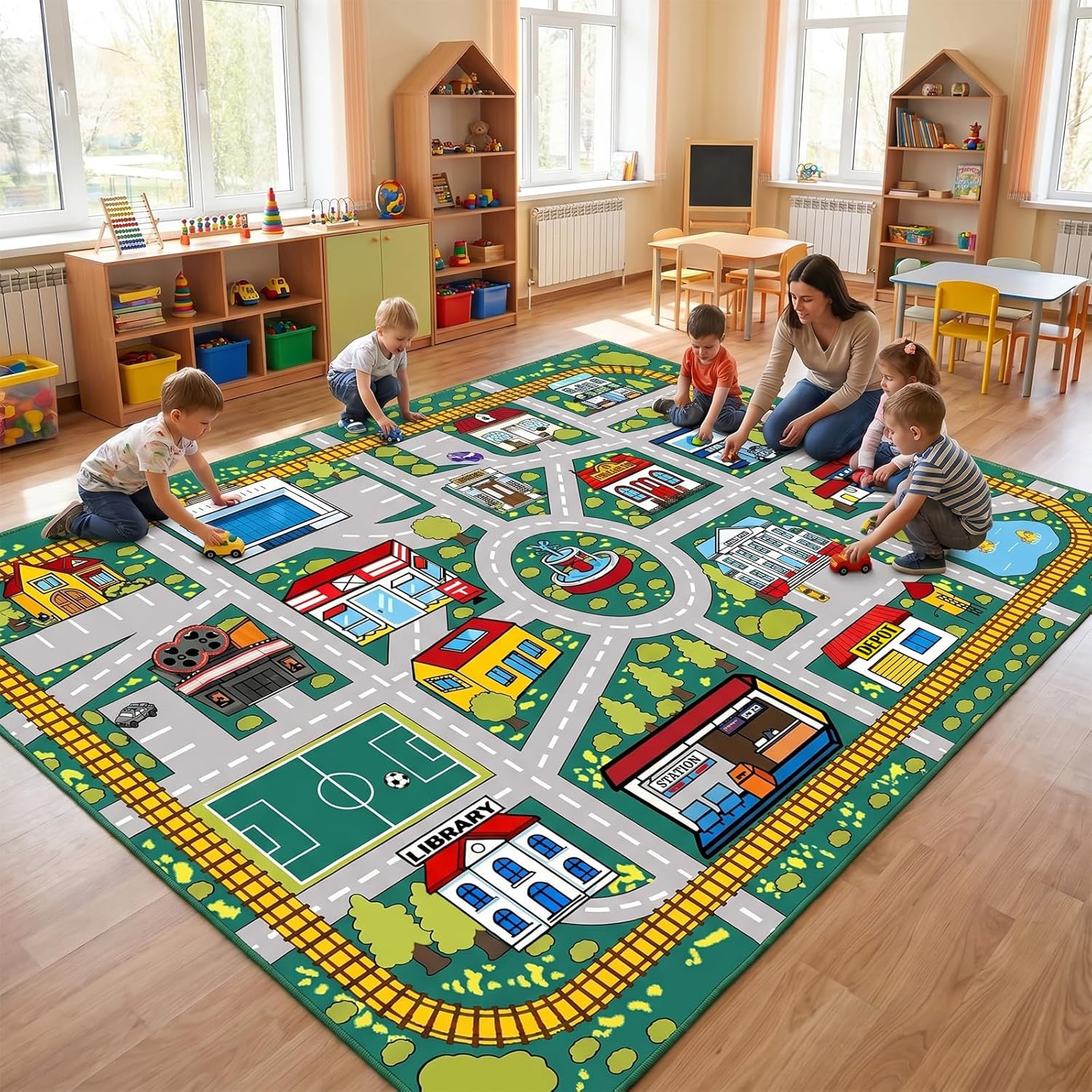 Kids Car Road Rug (5x7 Ft), Large City Traffic Play Mat for Kids Room, Non-Slip Train Track Carpet with Police Station, Hospital & Cinema, Educational Town Map for Playroom & Nursery