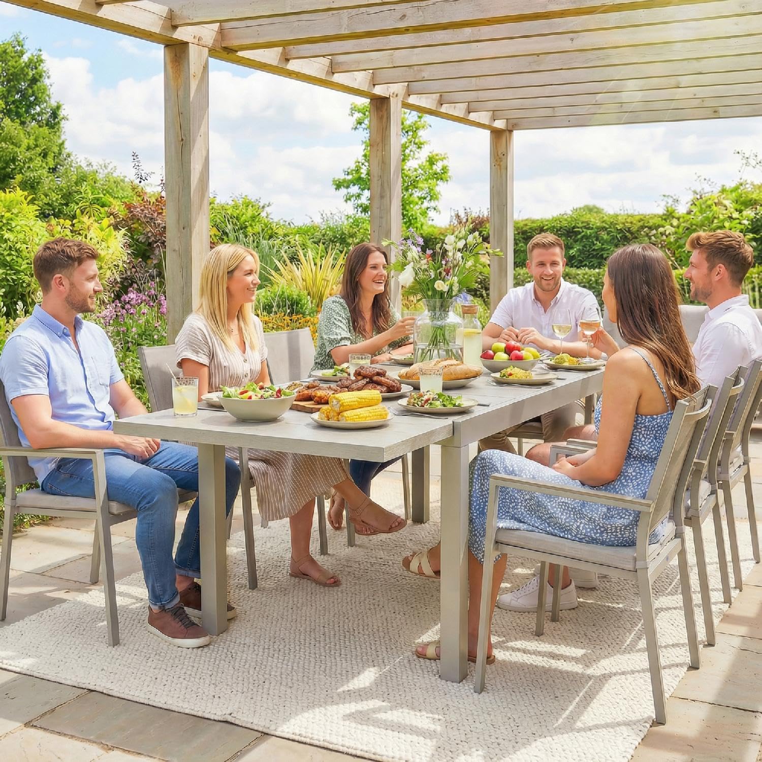 Tavolo da Esterno Giardino, Allungabile, Rettangolare, In Alluminio/Acciaio, 154-214x85x75 cm, Grigio Chiaro