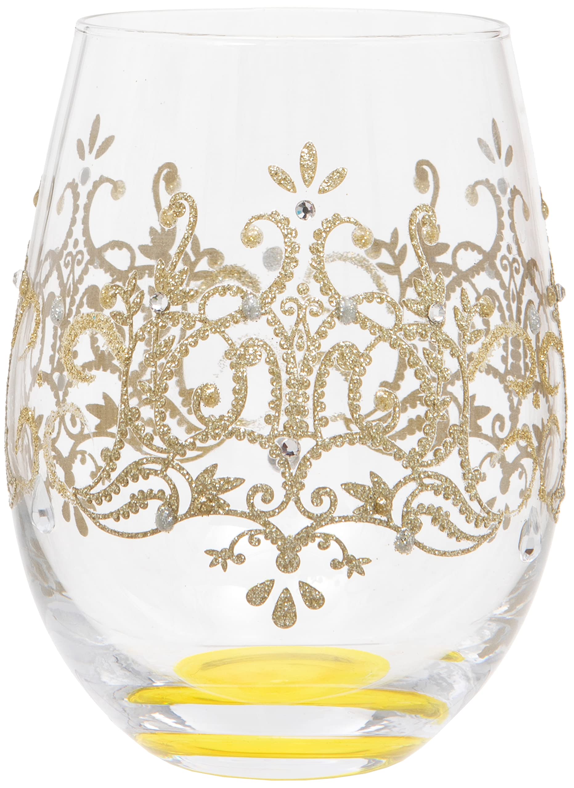 Hand Painted Gold Regal Damask Pattern Stemless Wine Glass, 530ml, Gift Boxed