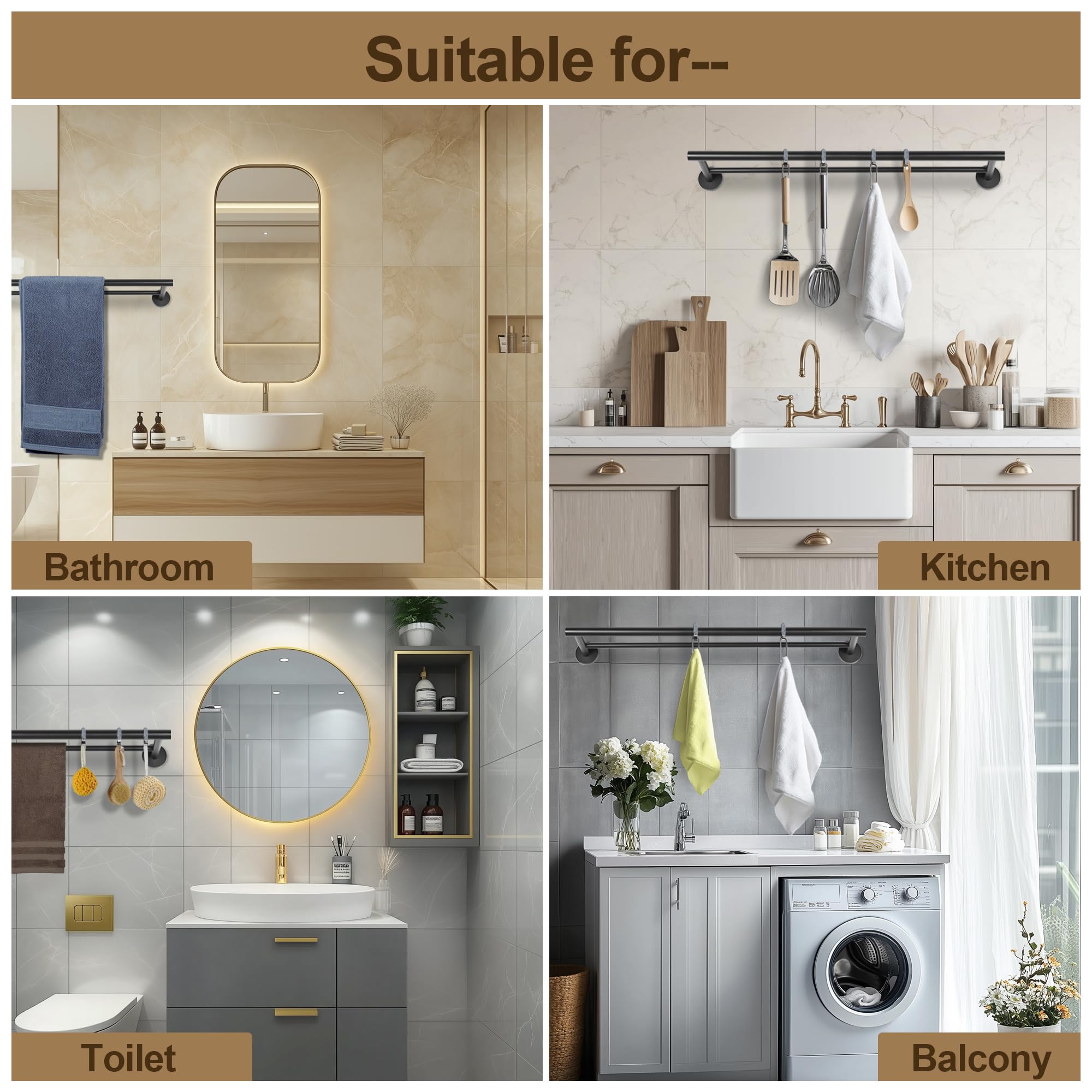SEIDO Juego de accesorios de baño negro, juego de accesorios de baño SUS 304 de acero inoxidable doble barra de toalla para pared de baño de 24 pulgadas, toallero negro, 4 piezas