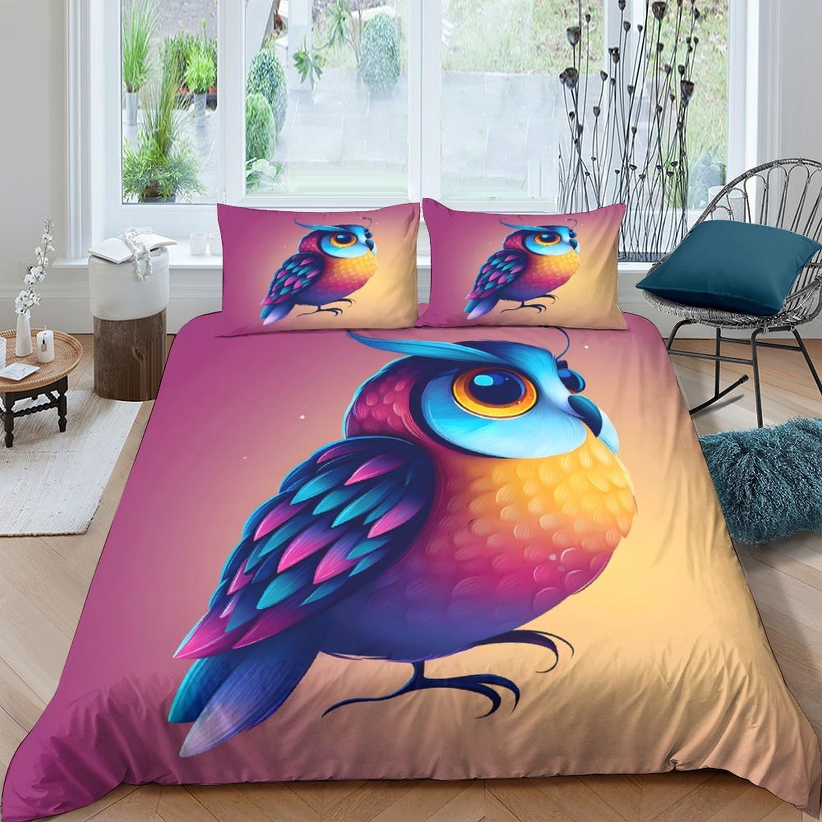 Ctjqhvkz Style-4 3D Printed Colorful Owl Fitted Sheet Microfiber Soft Bedroom Decor Cartoon Bird Mattress Cover Washable Single（135X200cm）
