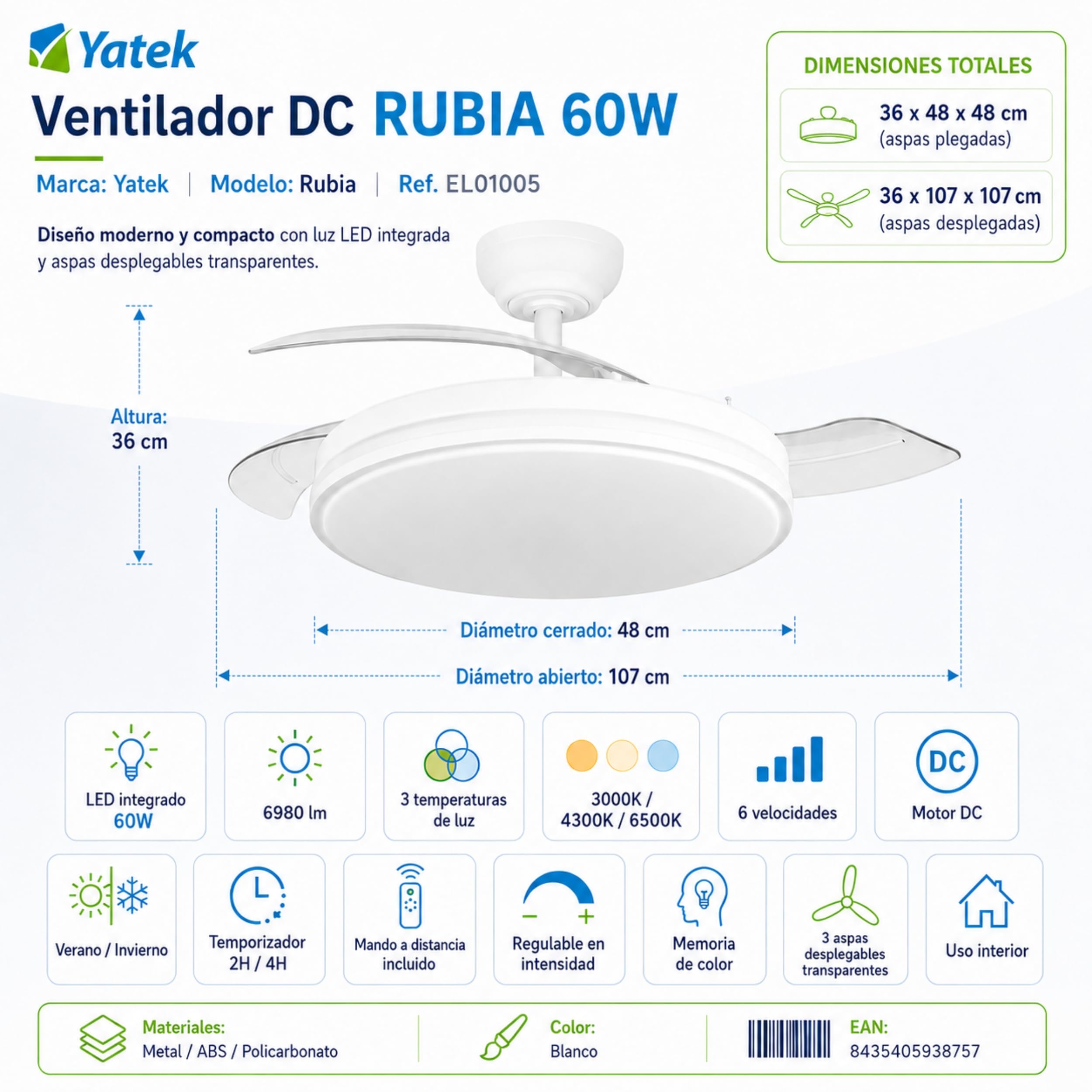 YATEK Ventilador de Techo Rubia Blanco con Aspas Retráctiles, Motor DC Silencioso, LED 60W 6980 lm Regulable, 6 Velocidades, Mando a Distancia, Función Verano Invierno, 107 cm