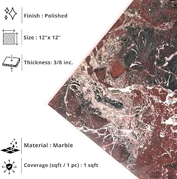 Tenedos Rosso Rosa Levanto 12x12 Polished Marble Tile Luxurious Burgundy Stone for Bathroom Walls, Floors, Kitchen Backsplash, Fireplace, Accent Use