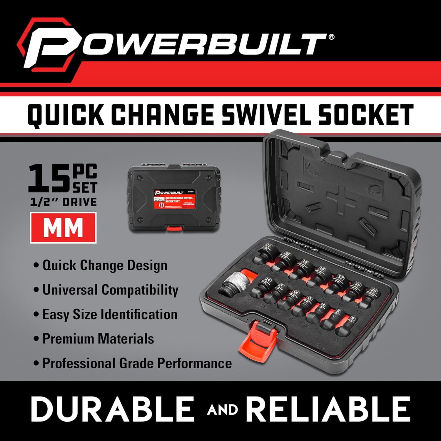 Powerbuilt 15 Piece 1/2-Inch Drive Impact Grade Universal Joint Quick-Change Socket Adapter and Sockets Set, Size: 8mm-21mm, Storage Case - 643032ECE