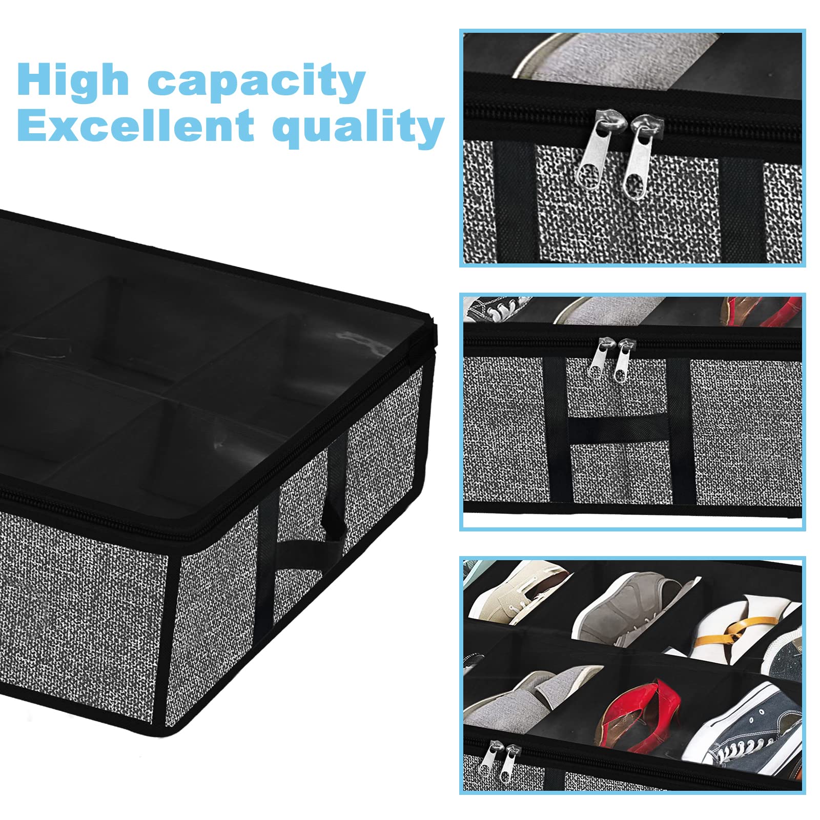 Set di 2 contenitori per scarpe sotto il letto, per armadio, per 24 paia di scatole per scarpe sotto il letto, con manici robusti e finestra trasparente, porta scarpiera pieghevole, nero