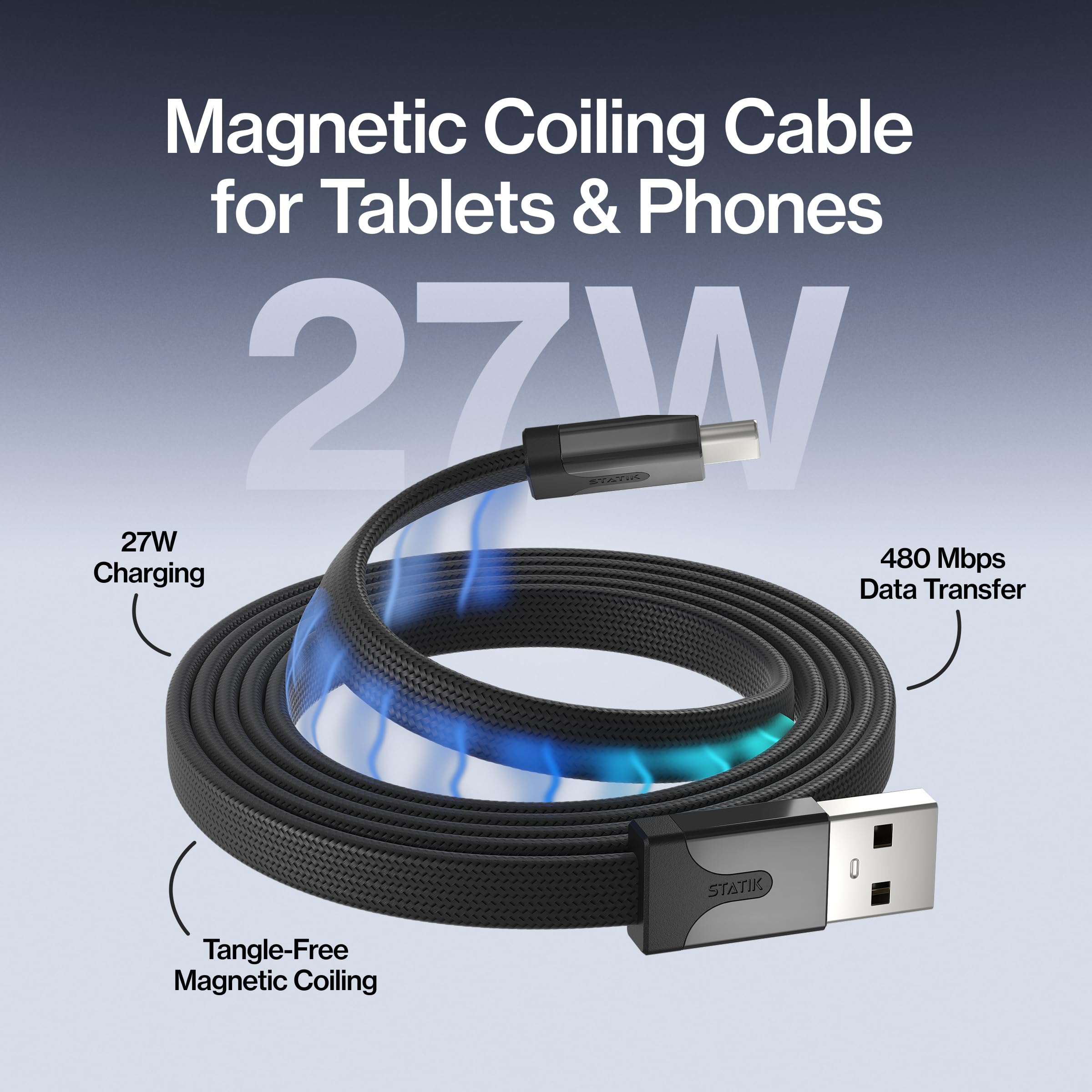 Statik MagStack - Cable USB a USB C, magnético antienredos plano A a tipo C, cable de carga rápida, cable de carga magnético, compatible con iPhone 16 Pro Max, Galaxy S24 Ultra, 27 W 3 pies/1 m