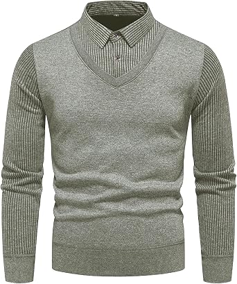 Mens Faux Two Piece Lapel Pullover Striped Cable Knitted Shirt Sweater Slim Fit Lightweight Soft Sweatshirts Grey,Large