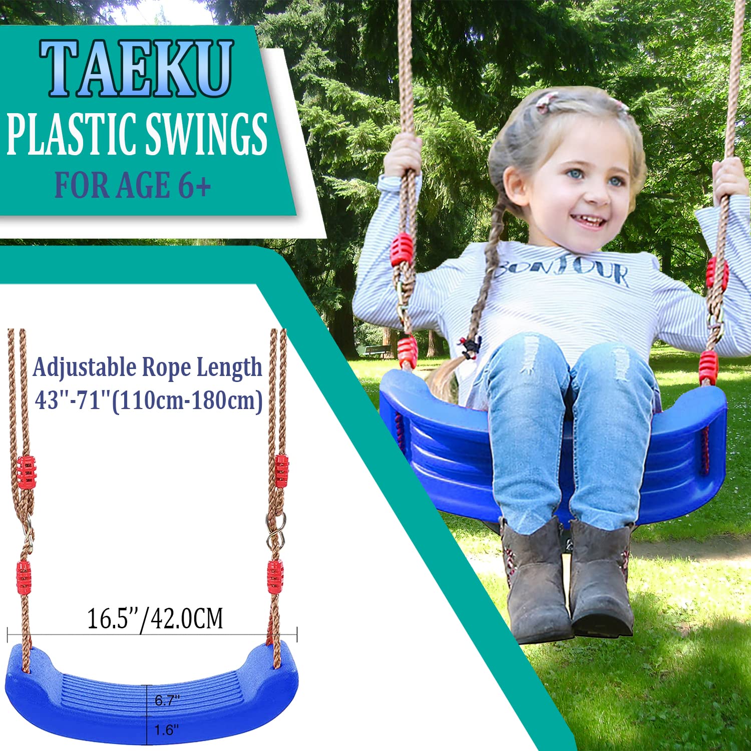 Taeku Asiento de Columpio, Plástico Jardín Árbol Patio Columpio Infantil Niños Bebe con Cuerda Regulables Exterior Interior (Azul)