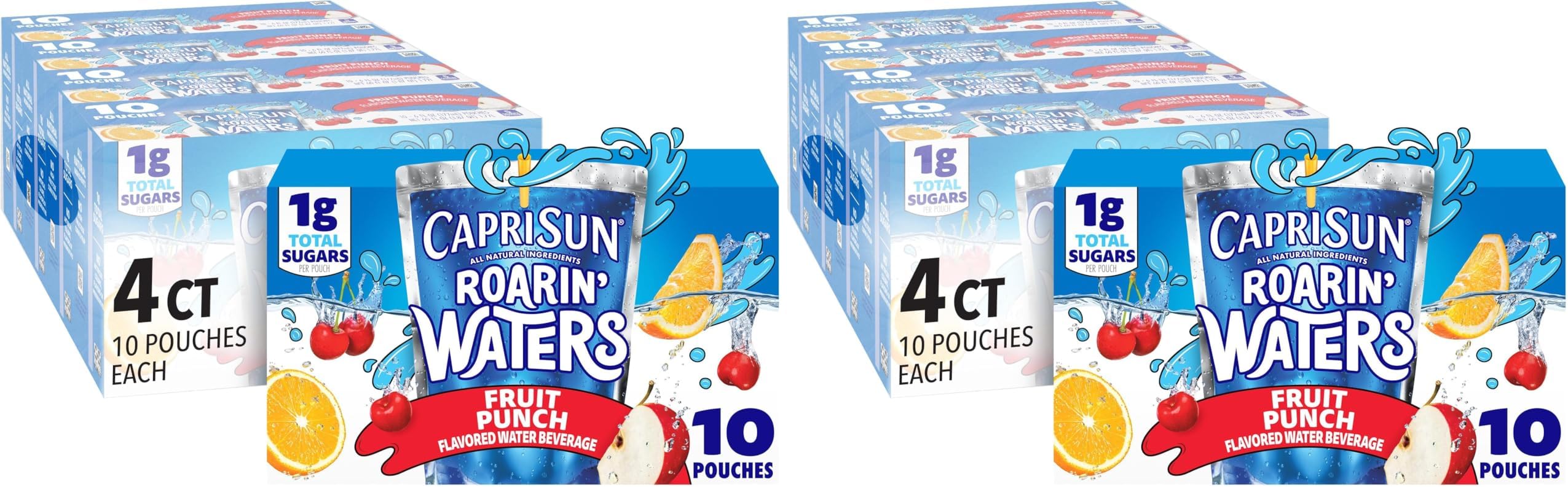 Capri Sun Roarin' Waters Fruit Punch Wave Naturally Flavored Water Kids Beverage (40 ct Pack, 4 Boxes of 10 Pouches) (Pack of 2)