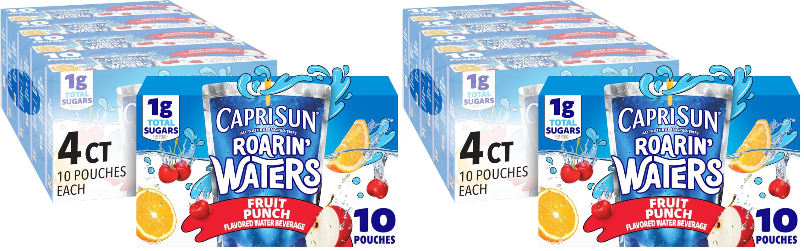 Capri Sun Roarin' Waters Fruit Punch Wave Naturally Flavored Water Kids Beverage (40 ct Pack, 4 Boxes of 10 Pouches) (Pack of 2)