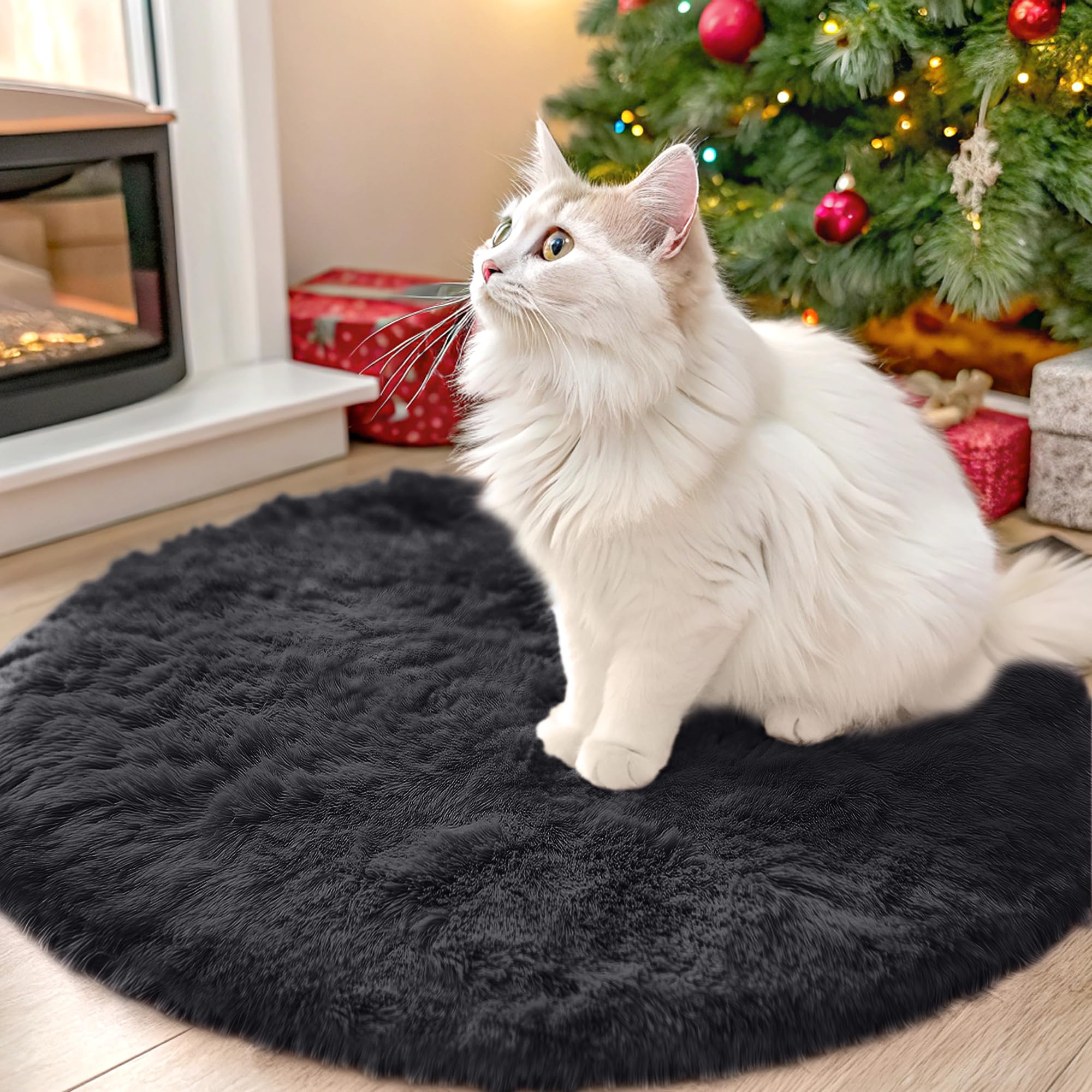 OLANLY Black Round Rugs for Bedroom - Machine Washable, 2 ft Circle Area Rugs for Living Room, Soft and Fluffy Shaggy Carpet for Teen Girls and Boys,