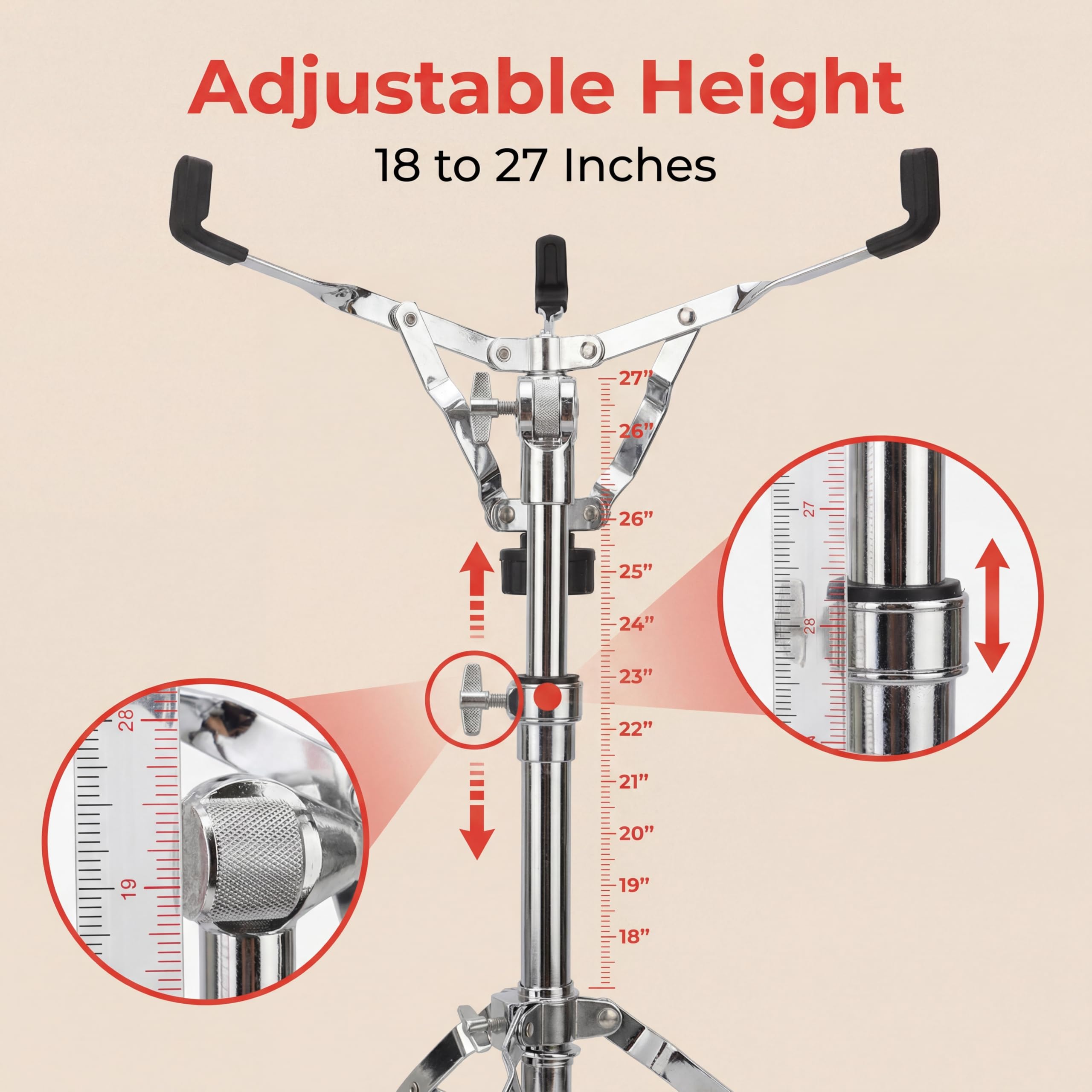 Supporto per Rullante, Supporto per Treppiede Portatile per Batteria, Supporto per Batteria Pieghevole a Doppio Rinforzo per Tamburi Tom da 0 a 15 Pollici, Altezza Regolabile da 18 a 27 Pollici