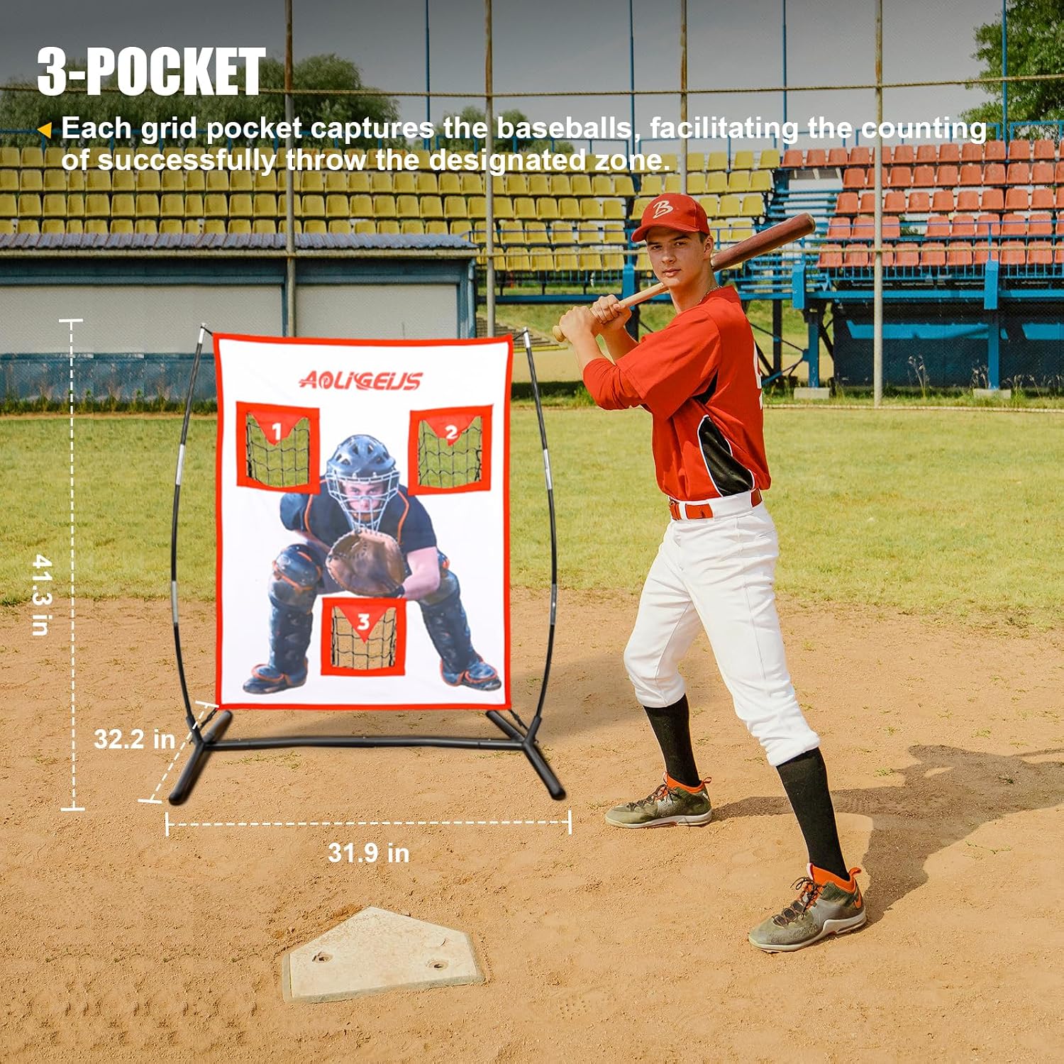 3 Pocket Pitching Target Net with Realistic Catcher for Baseball | 3 Pocket Pitching Target with Realistic Catcher, Baseball Softball Strike Zone Net for Backyard, Accuracy Training Equipment