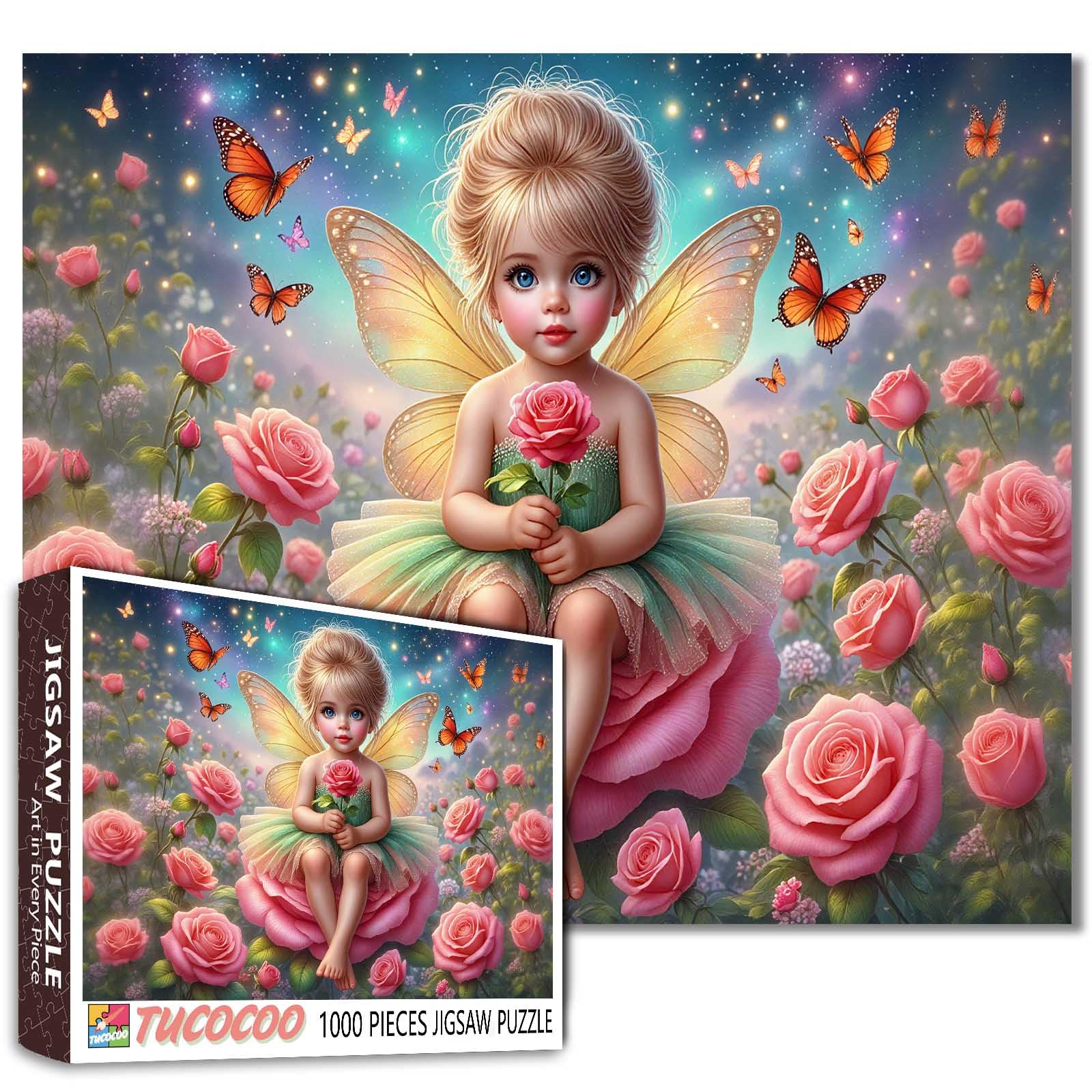 Tucocoo Rose Fairy 1000 Piece Jigsaw Puzzle for Adults, Elf Girl Sitting on Flower with Butterflies – Fantasy Puzzle for Relaxation and Stress Relief, Whimsical Magical Scene Puzzles Gift Wall Art