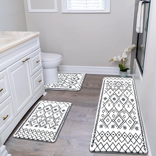 HEBE - Juego de 3 alfombras de baño antideslizantes con tapete de inodoro en forma de U, tapetes de baño de microfibra absorbente para alfombras de