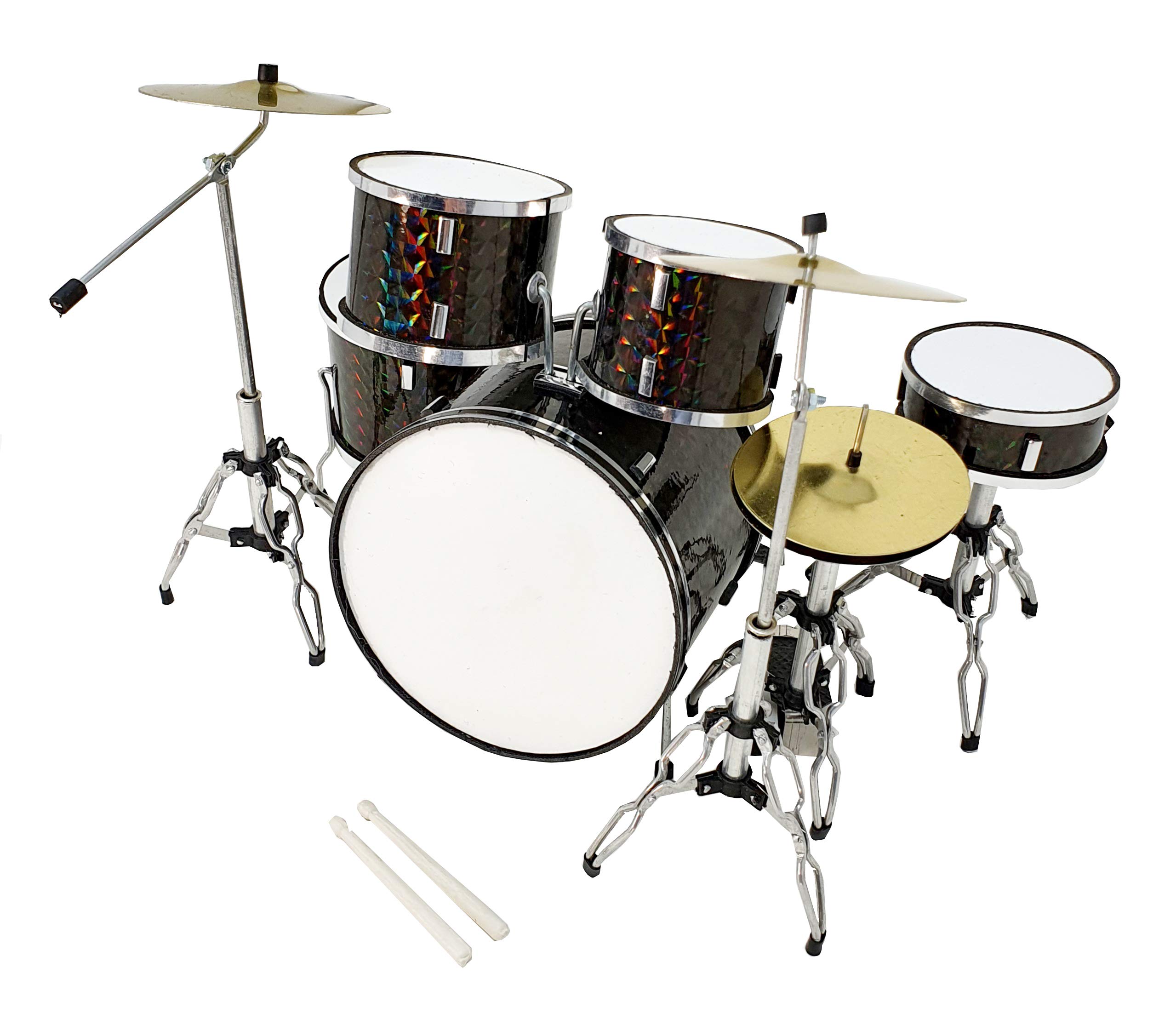 MINIATURA BATERÍA ACUSTICA NEGRO CROMADO MDR-0251 BOMBO AC-DC REGALO MUSICAL ESCALA 1:5 ROCKMUSIC