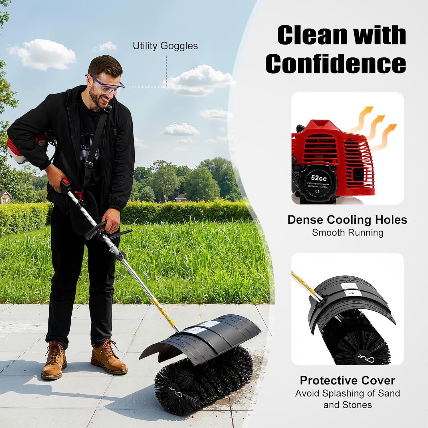 Balai Portatif, Moteur À Essence 2 Temps 52 Cm³ 2,3 CV 1,7 KW, Monocylindre Refroidi par Air, Balai De Nettoyage De Pelouse, Balai Portatif (Longueur du Manche : 153 Cm) Red, Black