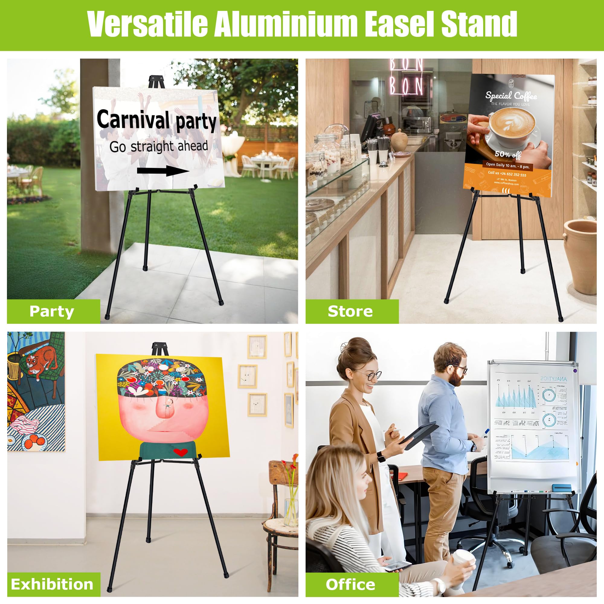 4 Stück Staffelei Höhenverstellbar 160 cm, Teleskopische Aluminium Atelier-,Künstler- und Bodenstaffelei, tragbar, Leinwandständer, Bilderständer Hochzeit, Malerei, Poster, Skizzieren, Schwarz